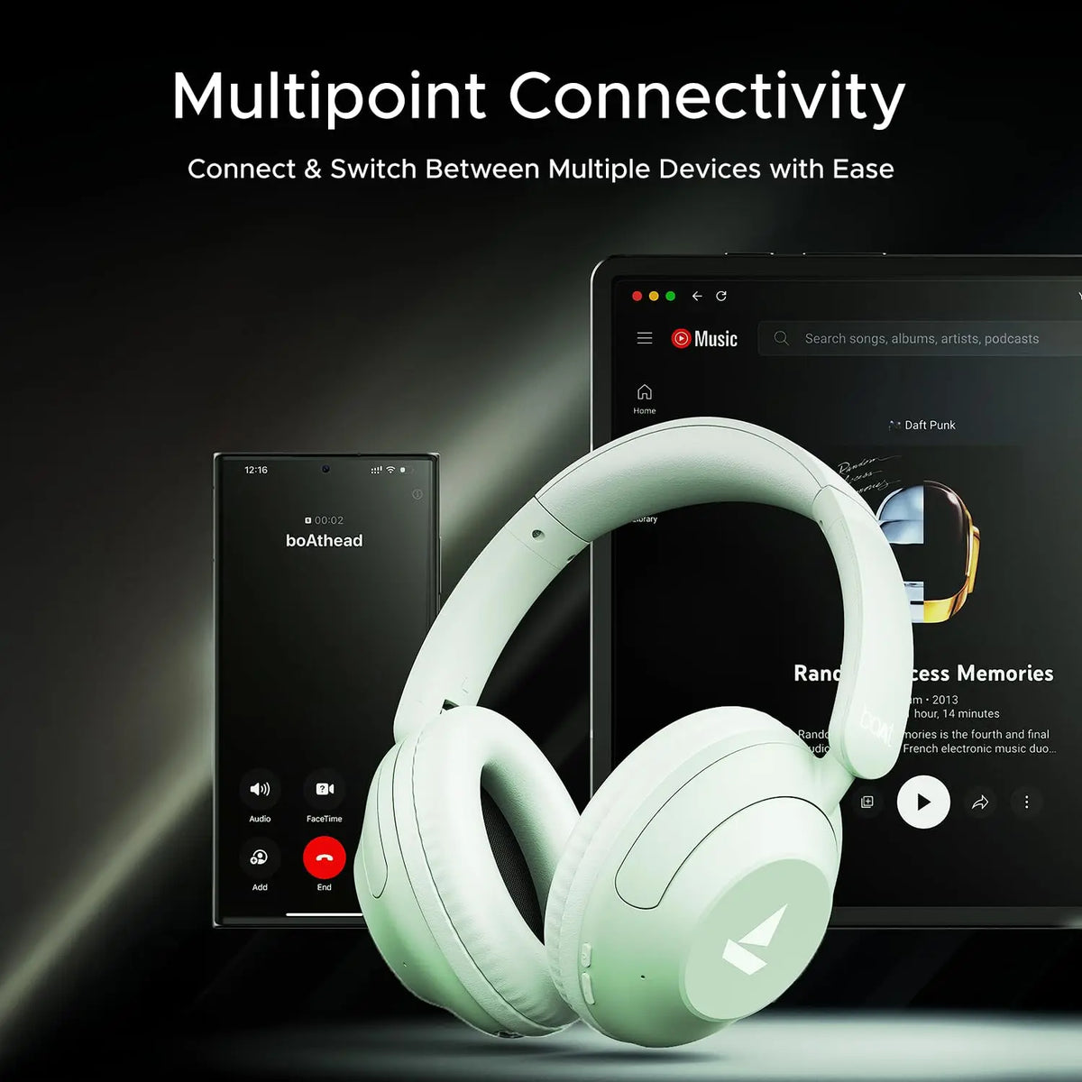 boAt wireless headphones with multipoint connectivity, shown with smartphone and tablet, Nalanda Enterprises