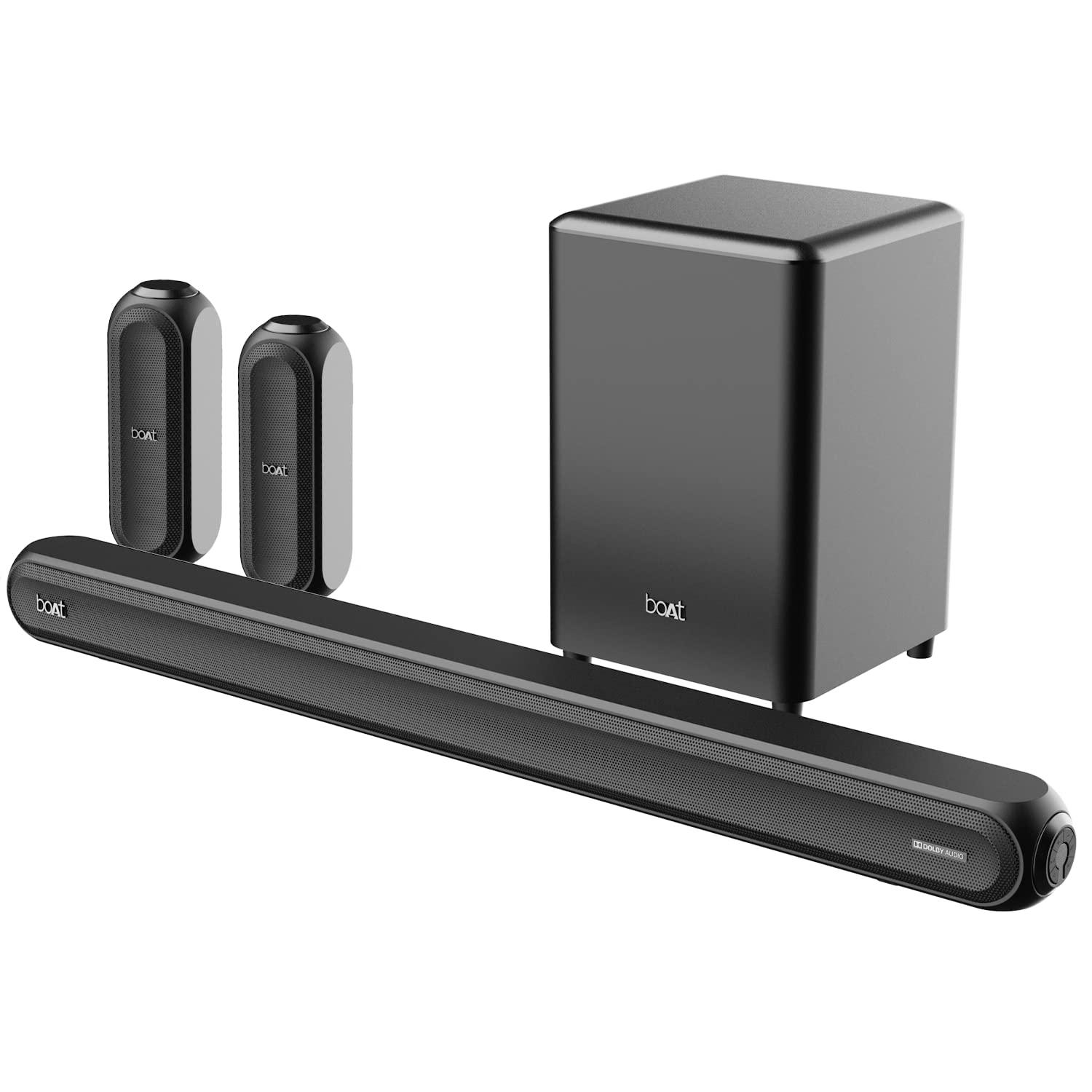 boAt Aavante Bar 3200D Soundbar with Dolby Audio,350W RMS Signature Sound,5.1 Channel,3D Surround Sound,Dual Wireless Rear Speakers&Master Remote(Premium Black)(Premium Black) - Nalanda Enterprises
