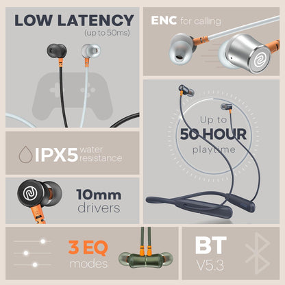 Noise Airwave Bluetooth in Ear Neckband with 50H of Playtime, 3 EQ Modes, ENC for Calling, Low Latency(Upto 50ms), 10mm Driver, BT v5.3(Jet Black) - Nalanda Enterprises