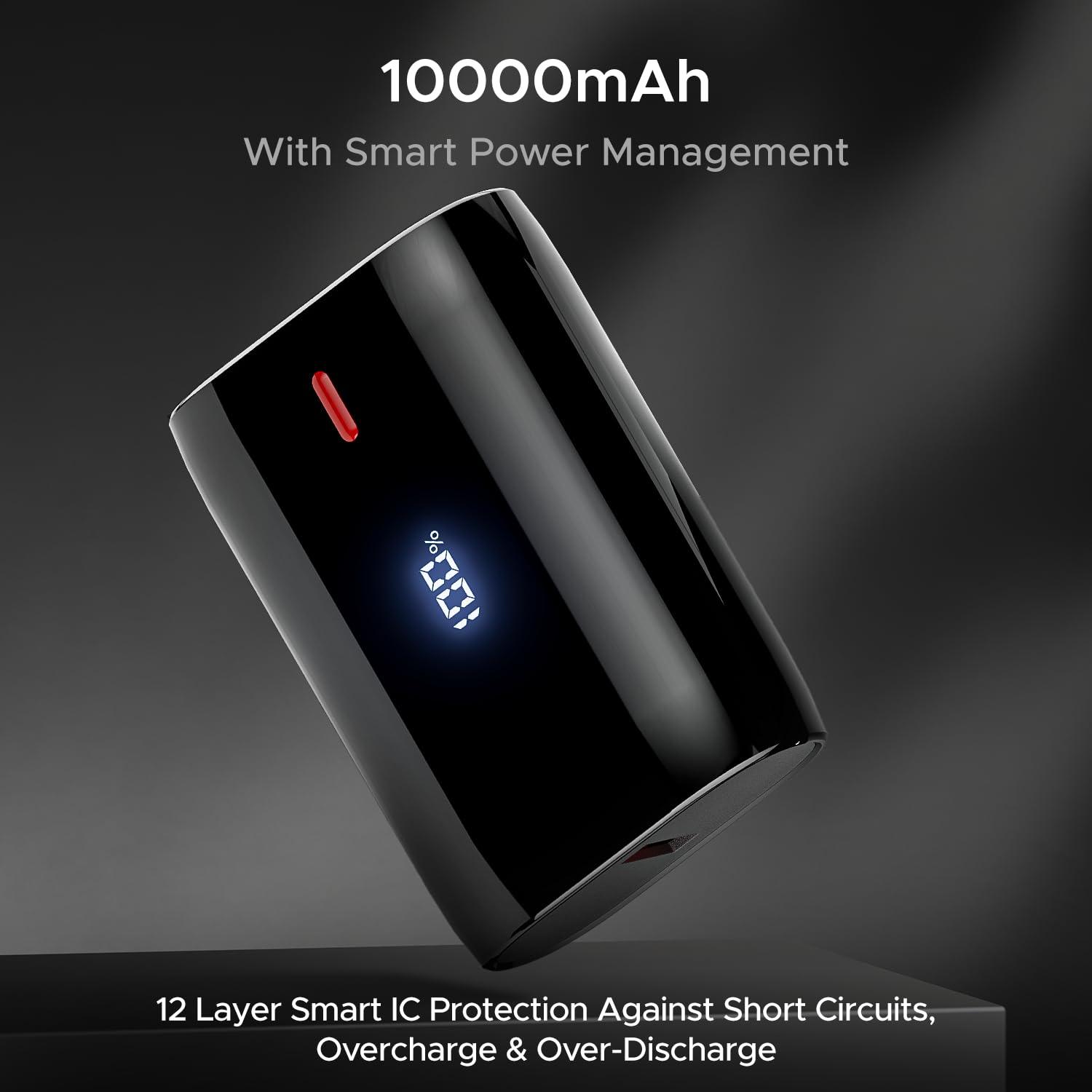 boAt EnergyShroom PB300 Air 10000 mAh 22.5W Pocket Size Power Bank with Compact and Lightweight Design, LED Battery Display, 12 Layer Smart IC Protection & Smart Power Management(Carbon Black) - Nalanda Enterprises