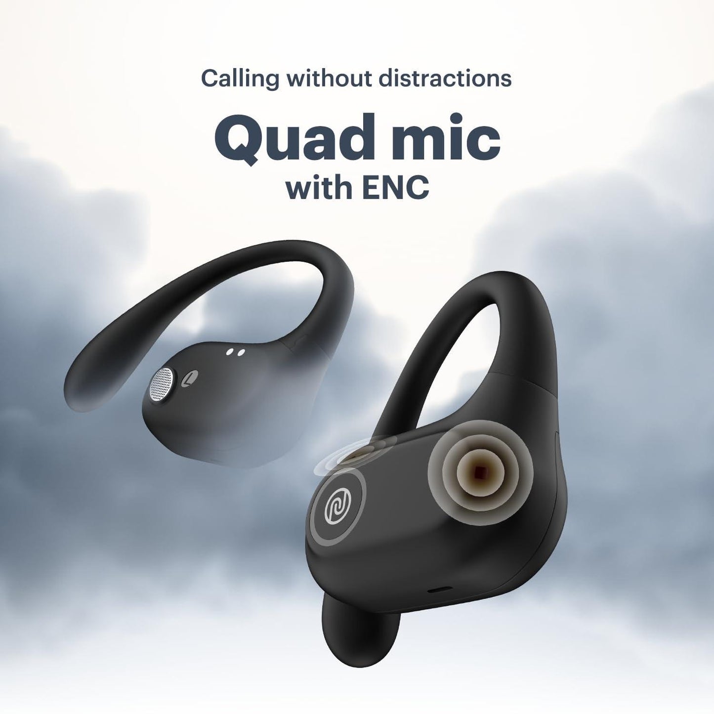 Noise Pure Pods Wireless Open Ear Earbuds with AirWave™ Technology,Up-to 80H Playtime,Quad Mic with ENC,16mm Neodymium Dynamic Driver,Detachable Pure Band,BTv5.3 (Power Black) - Nalanda Enterprises