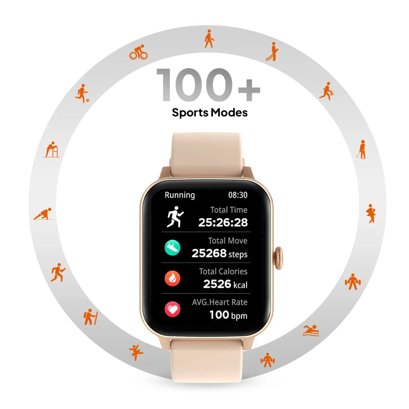 Smartwatch with gold case and beige strap, displaying fitness stats, 100+ sports modes, Nalanda Enterprises.
