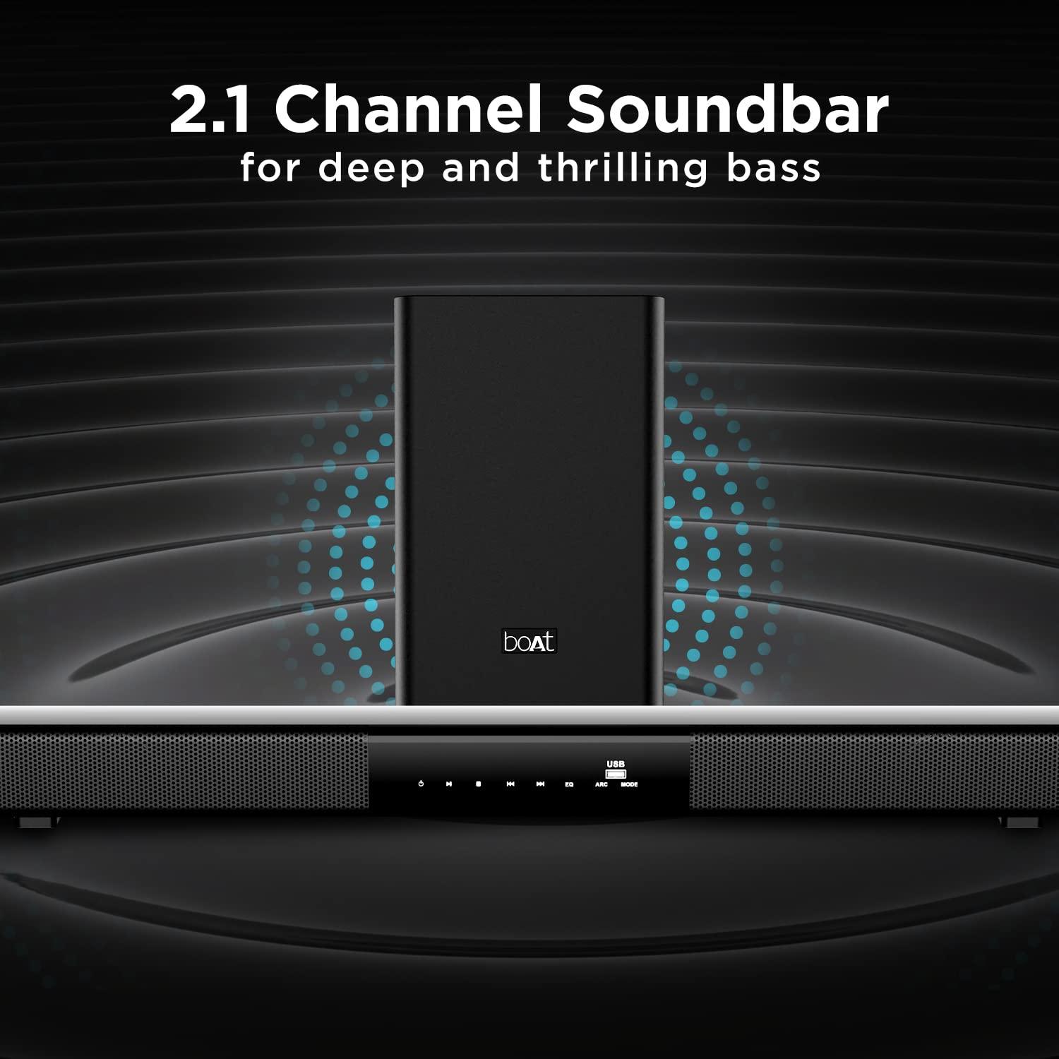 boAt Aavante Bar 1500 2.1 Channel Home Theatre Soundbar with 120W Signature Sound, Wired Subwoofer, Multiple Connectivity Modes, Entertainment EQ Modes and Sleek Finish (Black) - Nalanda Enterprises