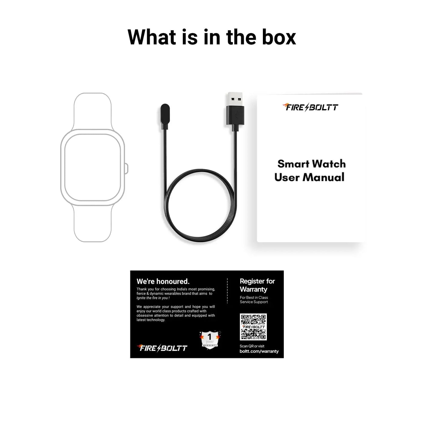 Fire Boltt smartwatch box contents with charging cable, user manual, warranty card, Nalanda Enterprises