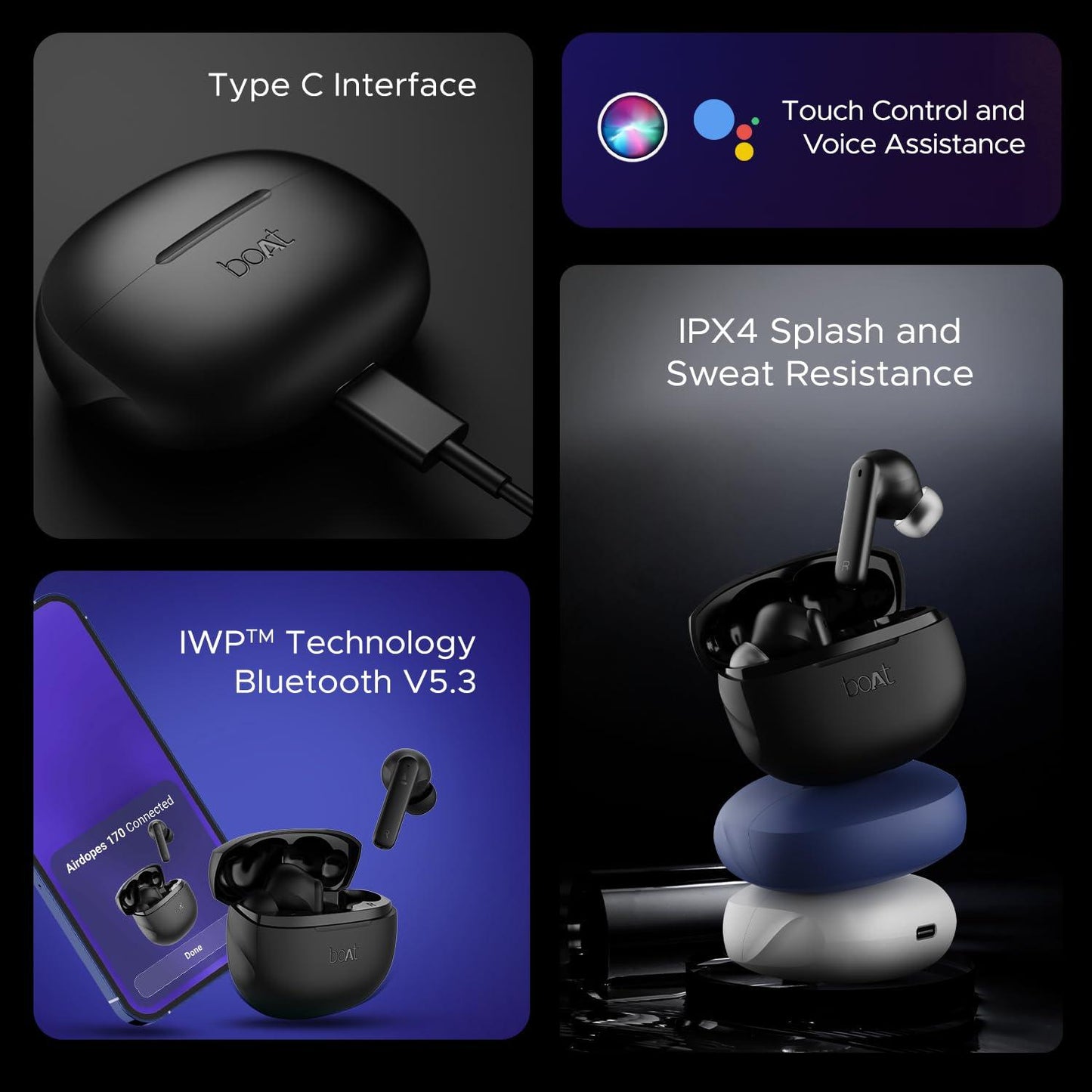 boAt Airdopes 170 TWS Earbuds with 50H Playtime, Quad Mics ENx™ Tech, Low Latency Mode, 13mm Drivers, ASAP™ Charge, IPX4, IWP™, Touch Controls & BT v5.3(Tranquil Blue) - Nalanda Enterprises