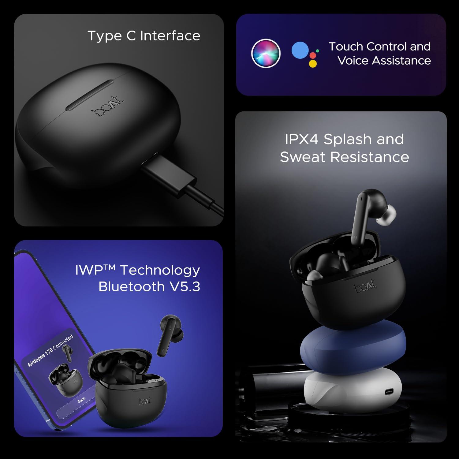 boAt Airdopes 170 TWS Earbuds with 50H Playtime, Quad Mics ENx™ Tech, Low Latency Mode, 13mm Drivers, ASAP™ Charge, IPX4, IWP™, Touch Controls & BT v5.3(Tranquil Blue) - Nalanda Enterprises