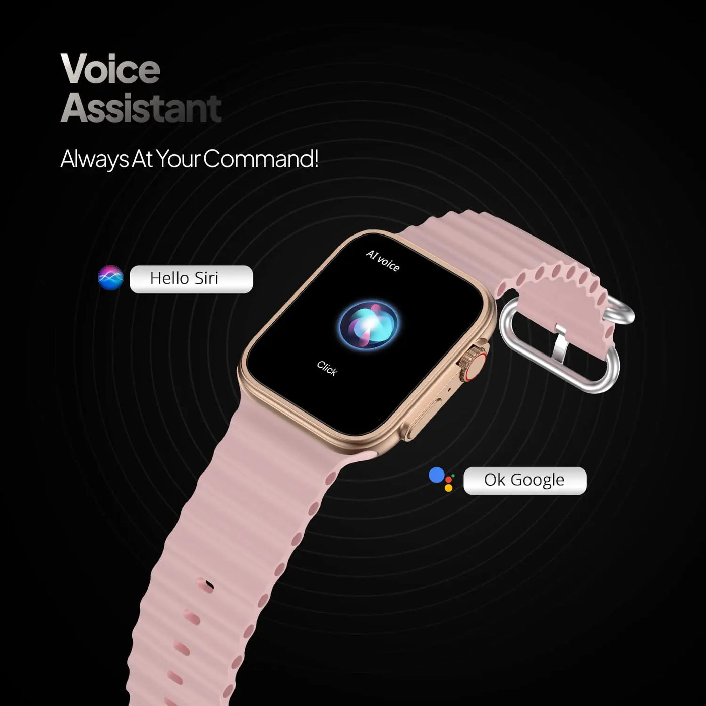 Smartwatch with pink strap featuring AI voice assistant, Siri and Google, on Nalanda Enterprises