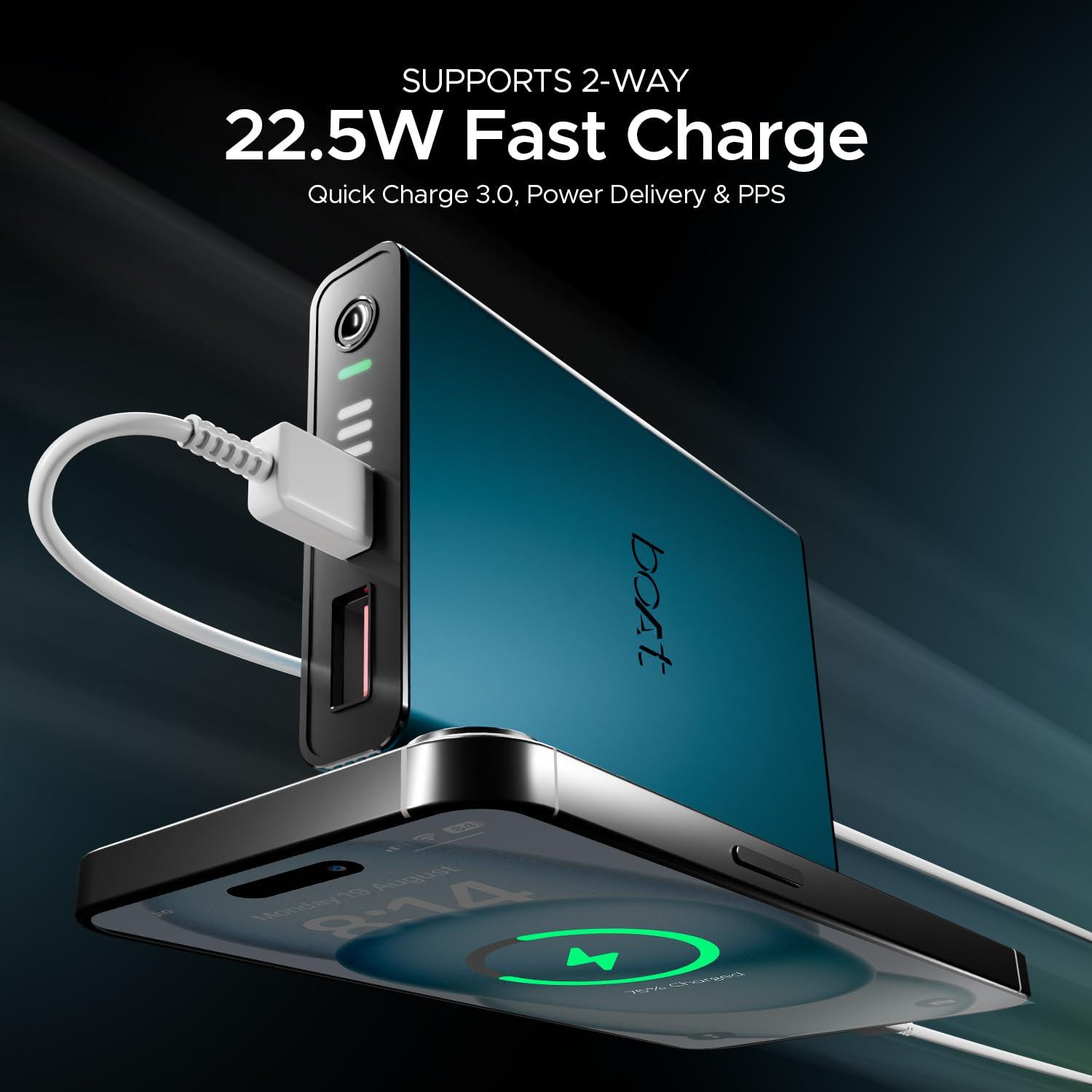 boAt EnergyShroom PB300 Air 10000 mAh 22.5W Pocket Size Power Bank with Compact and Lightweight Design, LED Battery Display, 12 Layer Smart IC Protection & Smart Power Management(Carbon Black) - Nalanda Enterprises