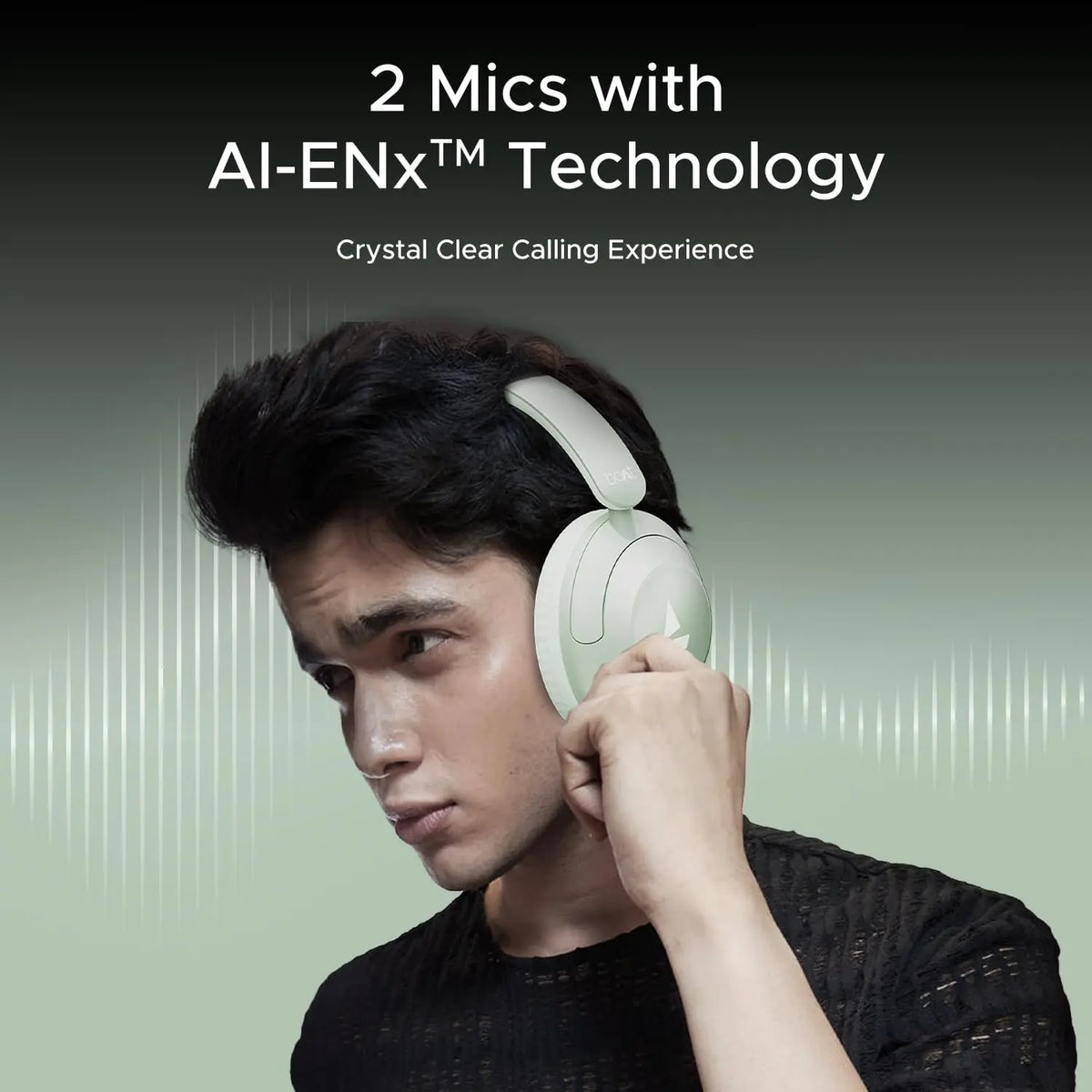 Man wearing Boat headphones with AI-ENx technology for clear calling, Nalanda Enterprises