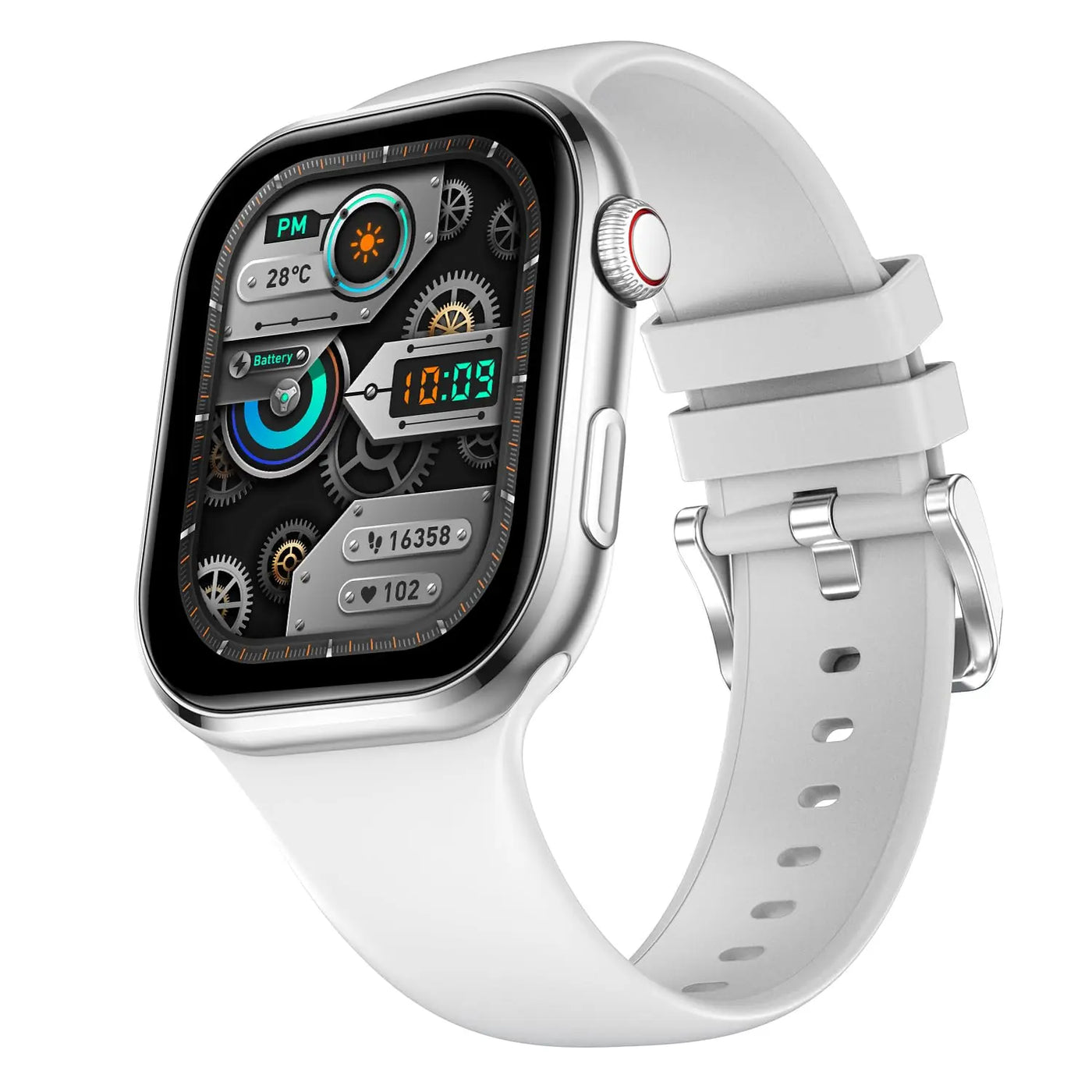 Smartwatch with silver case and white strap, digital display, offered by Nalanda Enterprises