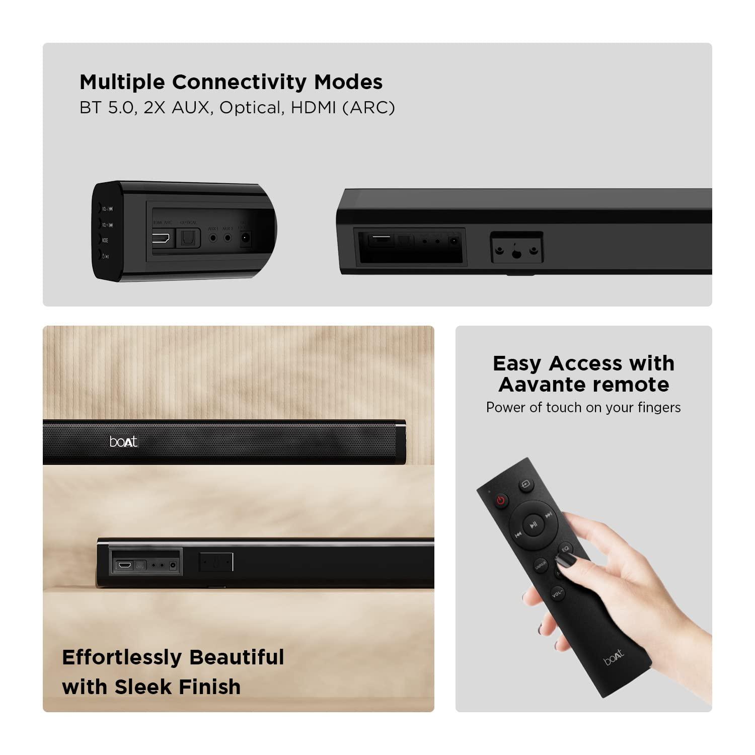 boAt Aavante Bar 900/908 Bluetooth Soundbar with 30W RMS, 2.0 Channel, Multiple Connectivity, EQ Modes, Sleek Finish, Easy Access Integrated Controls(Premium Black) - Nalanda Enterprises