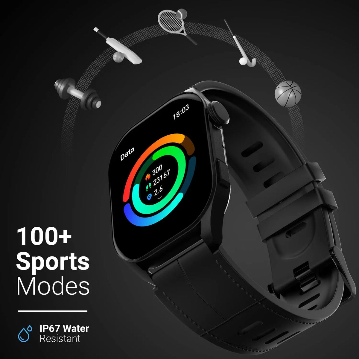 Black smart watch with sports tracking display, 100+ sports modes, IP67 water resistant