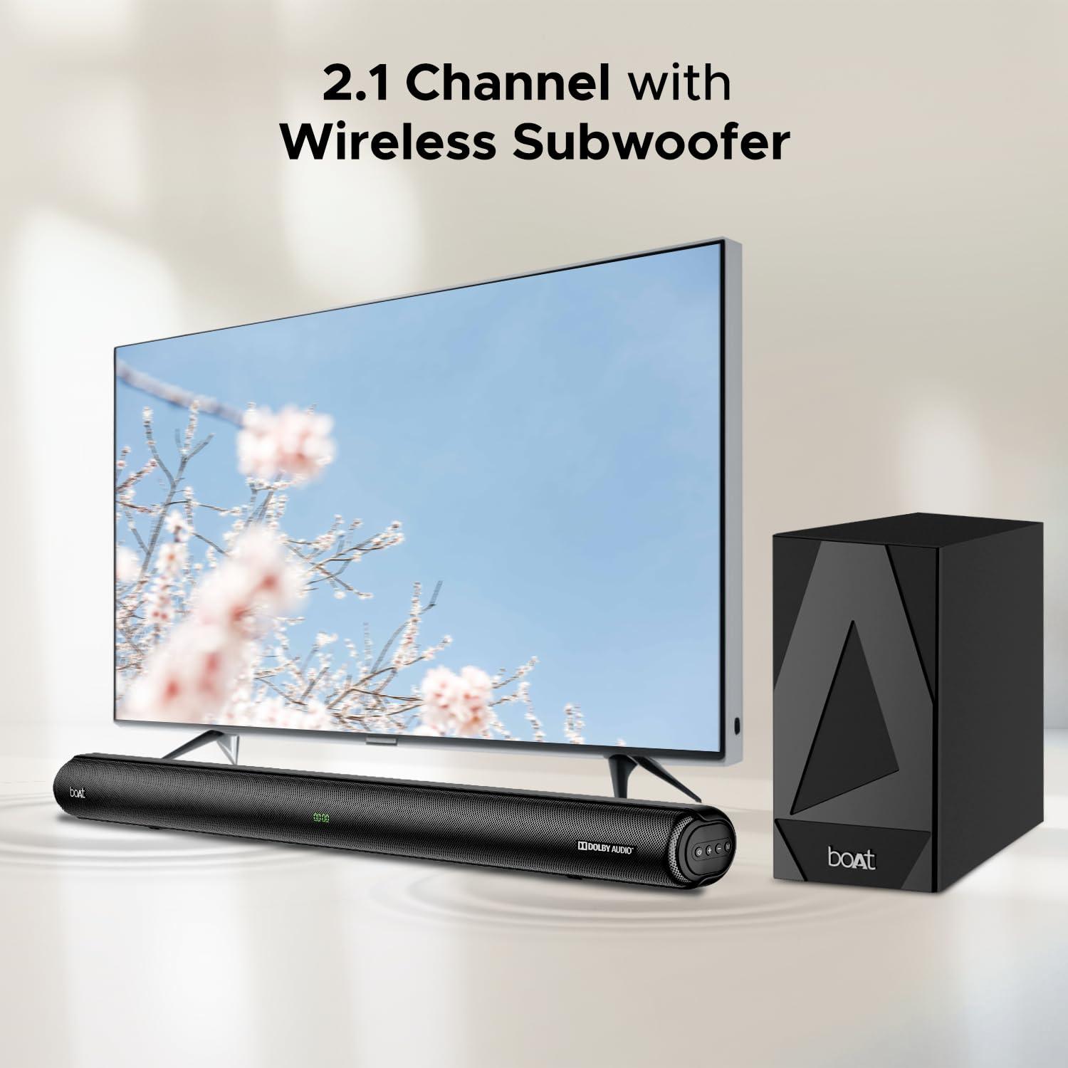 boAt Aavante Bar 1500 2.1 Channel Home Theatre Soundbar with 120W Signature Sound, Wired Subwoofer, Multiple Connectivity Modes, Entertainment EQ Modes and Sleek Finish (Black) - Nalanda Enterprises