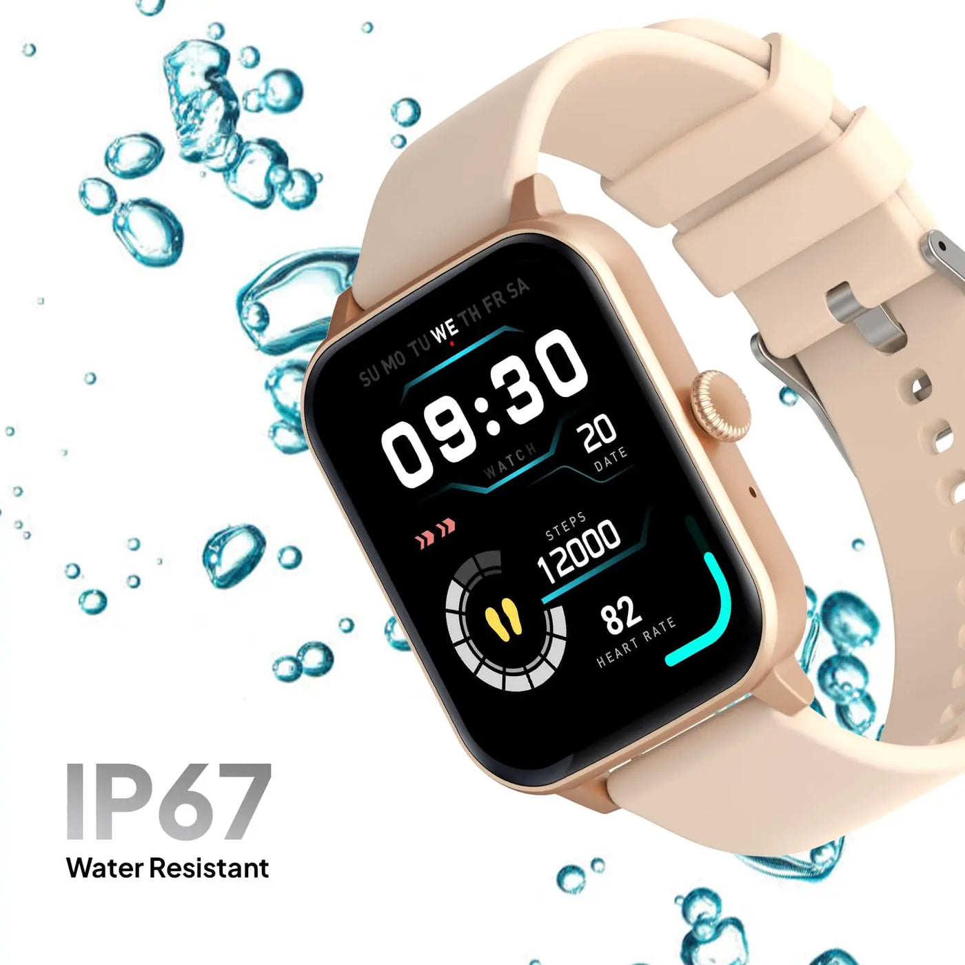 Beige smart watch with fitness tracking display, IP67 water resistant, sold by Nalanda Enterprises.