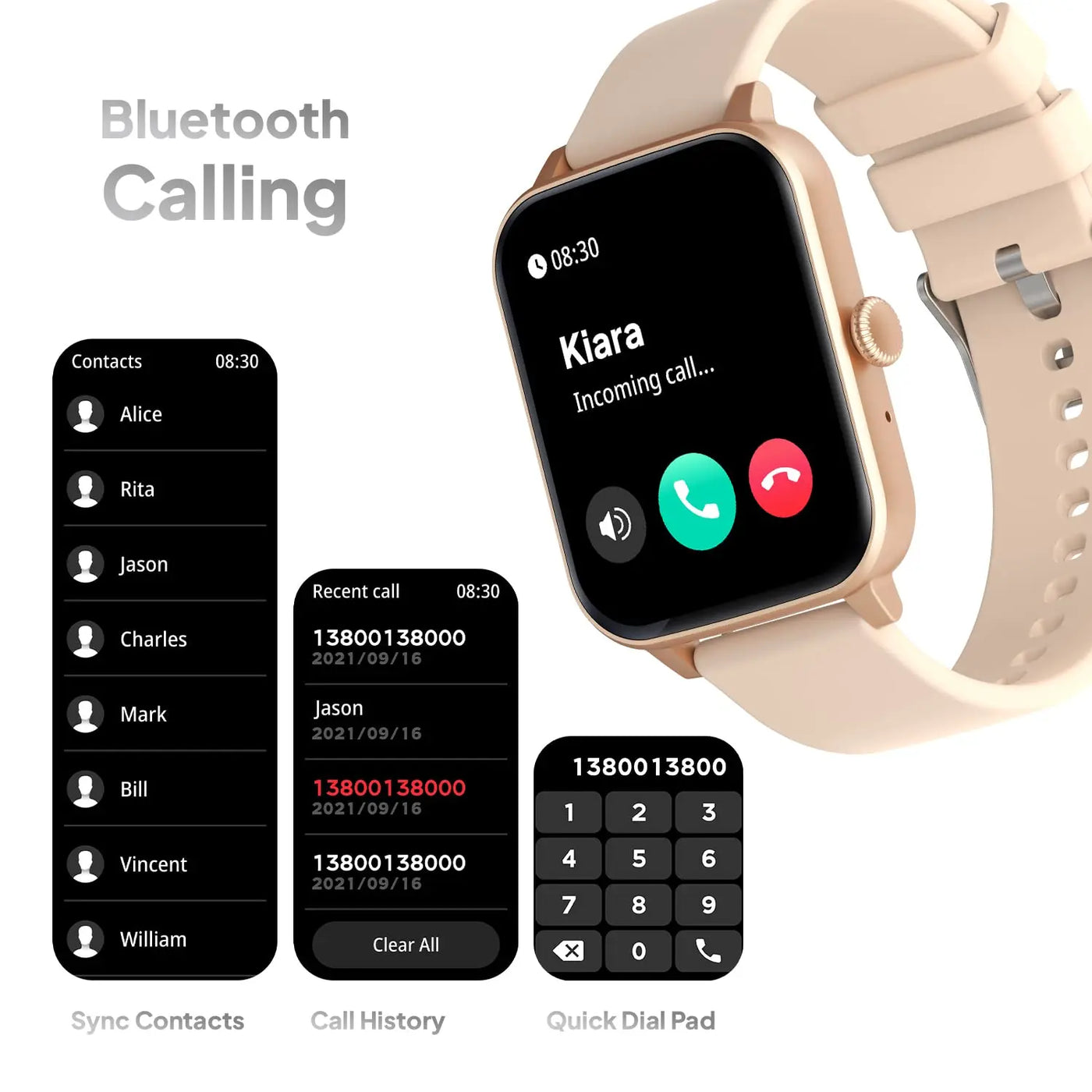 Smartwatch with Bluetooth calling feature, beige strap, contact list, call history, and dial pad display.