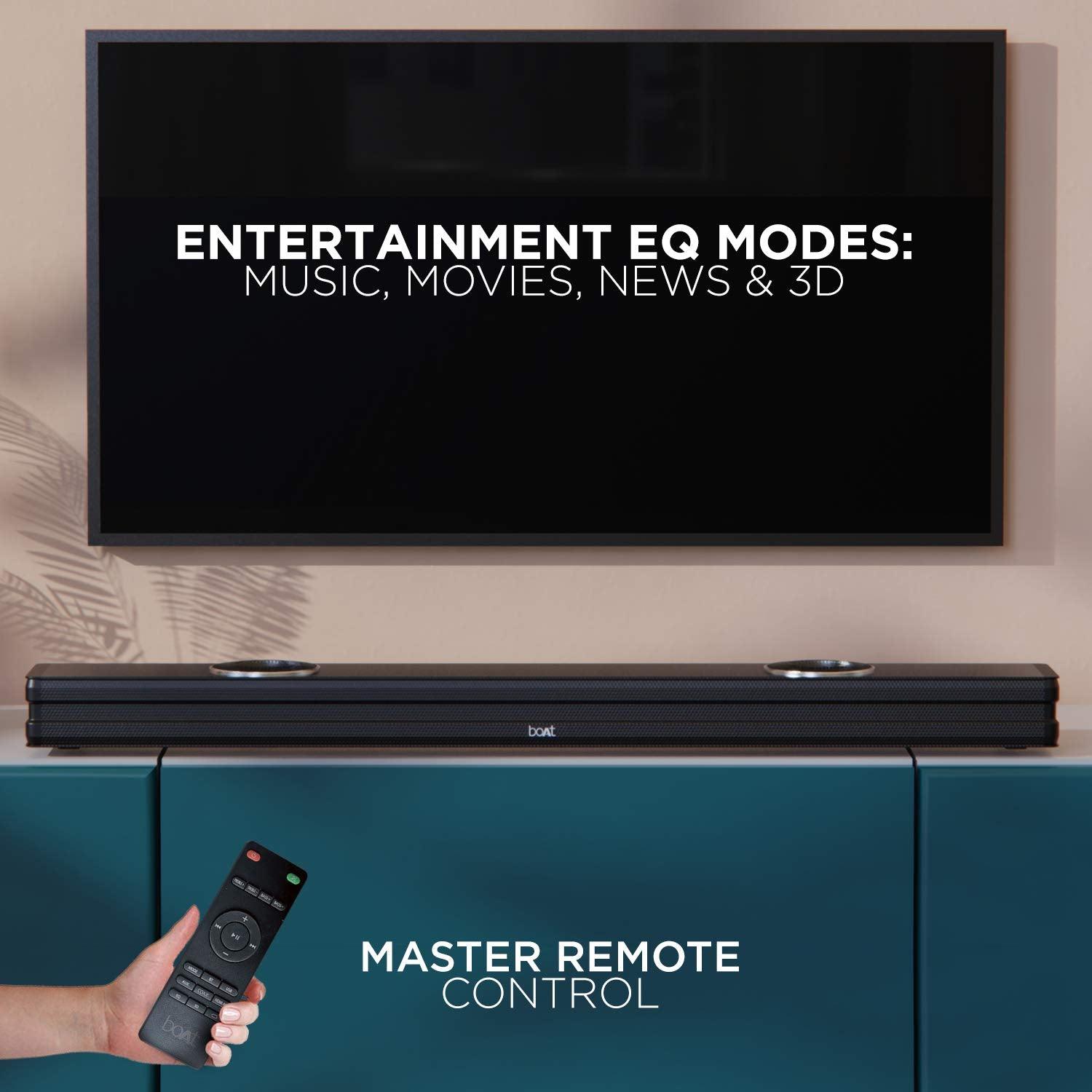 boAt Aavante Bar 1500 2.1 Channel Home Theatre Soundbar with 120W Signature Sound, Wired Subwoofer, Multiple Connectivity Modes, Entertainment EQ Modes and Sleek Finish (Black) - Nalanda Enterprises