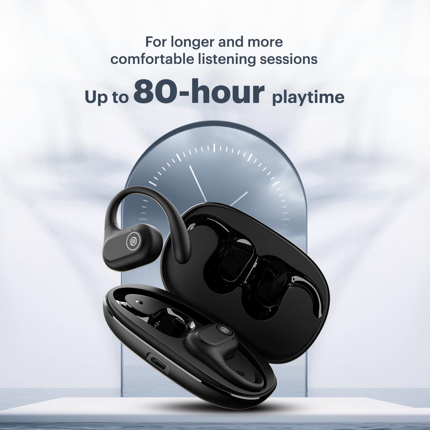 Noise Pure Pods Wireless Open Ear Earbuds with AirWave™ Technology,Up-to 80H Playtime,Quad Mic with ENC,16mm Neodymium Dynamic Driver,Detachable Pure Band,BTv5.3 (Power Black) - Nalanda Enterprises