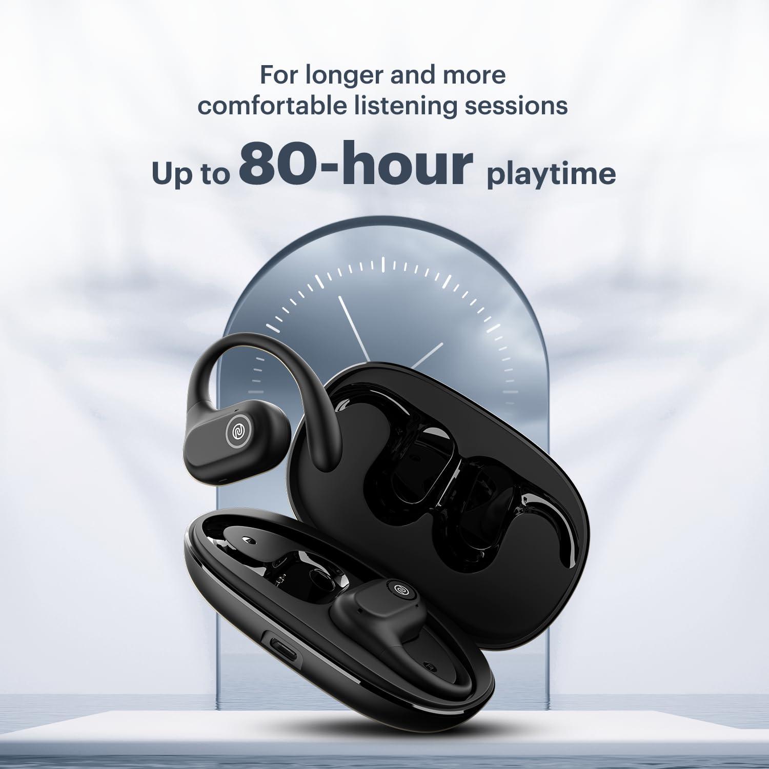 Noise Pure Pods Wireless Open Ear Earbuds with AirWave™ Technology,Up-to 80H Playtime,Quad Mic with ENC,16mm Neodymium Dynamic Driver,Detachable Pure Band,BTv5.3 (Power Black) - Nalanda Enterprises