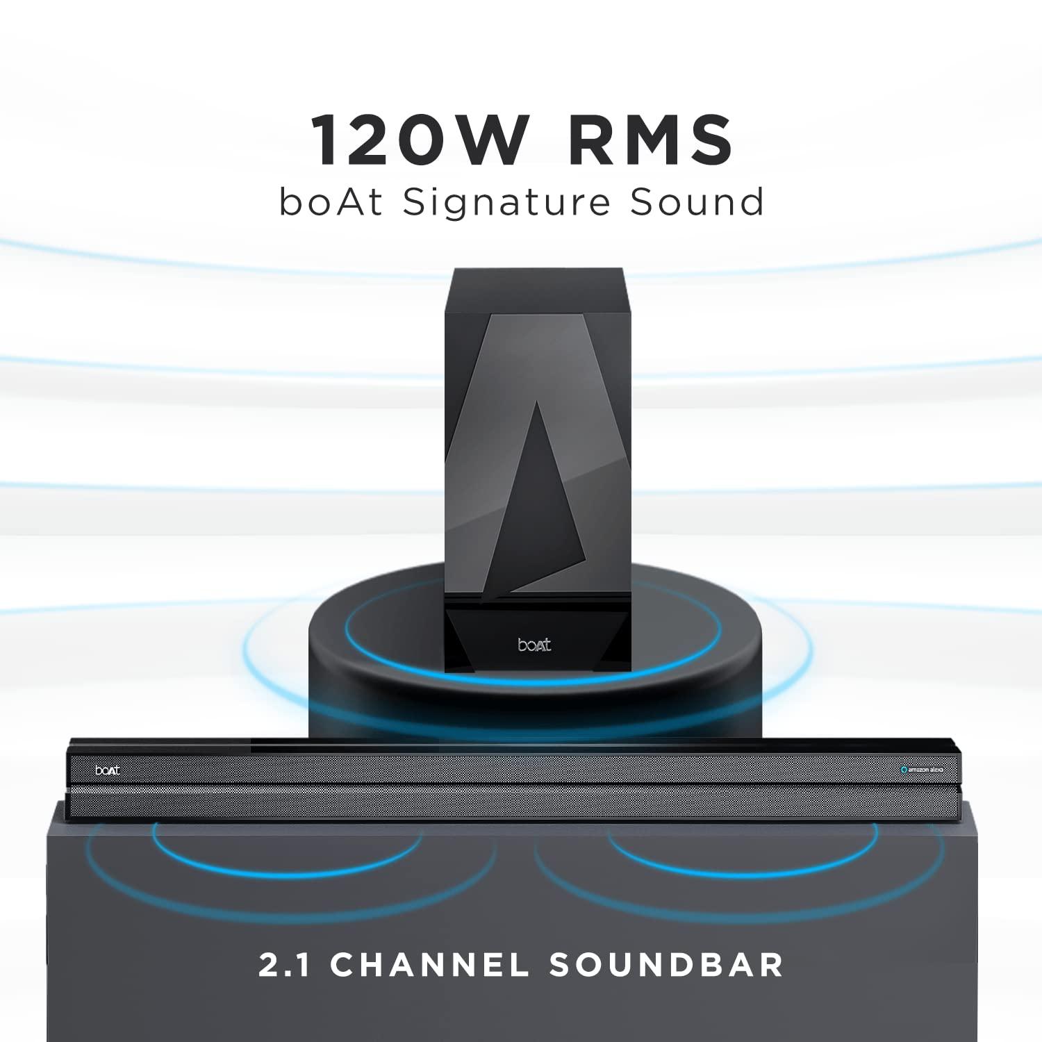 boAt Aavante Bar 1500 2.1 Channel Home Theatre Soundbar with 120W Signature Sound, Wired Subwoofer, Multiple Connectivity Modes, Entertainment EQ Modes and Sleek Finish (Black) - Nalanda Enterprises