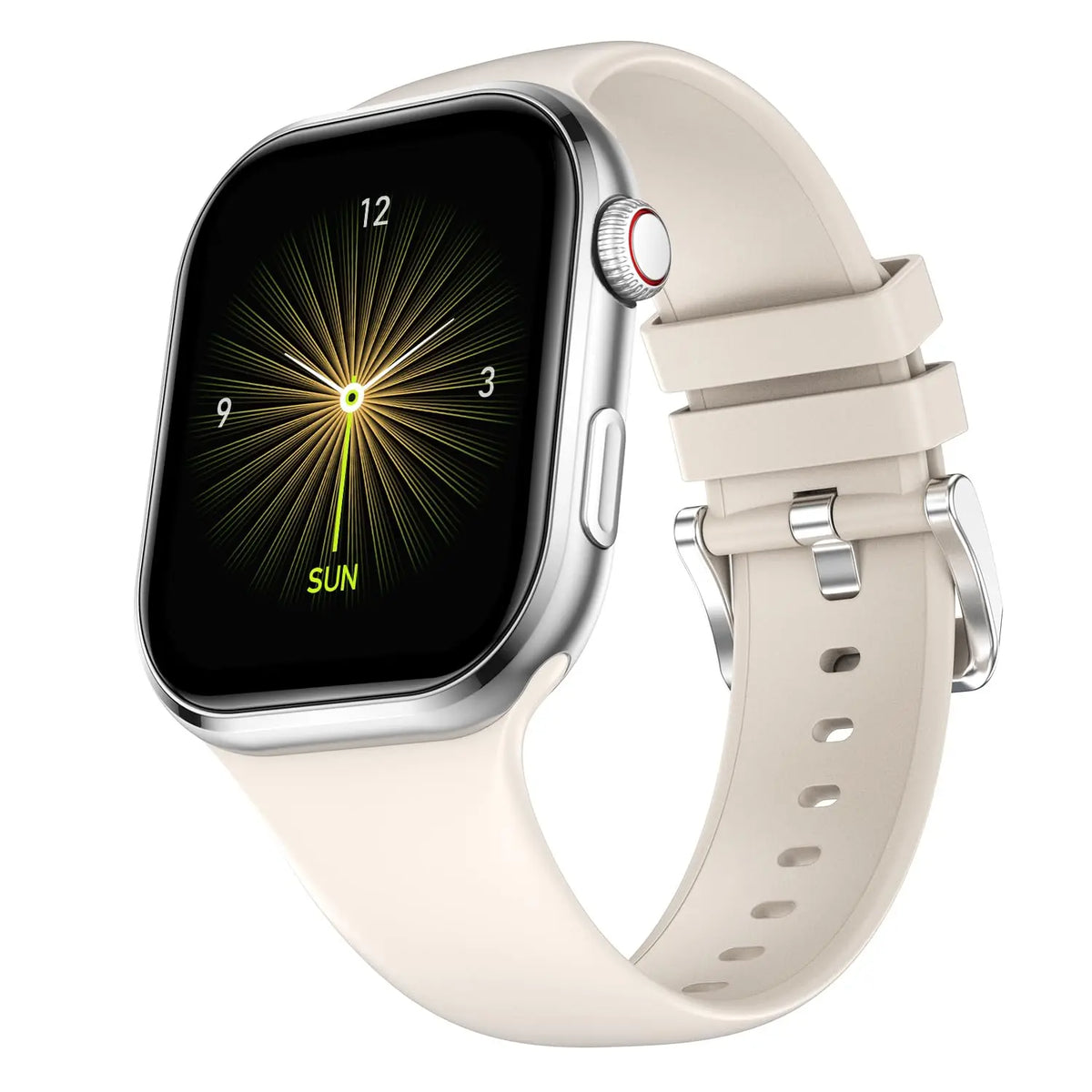 Beige strap smart watch with round-edged display, modern dial, on Nalanda Enterprises.