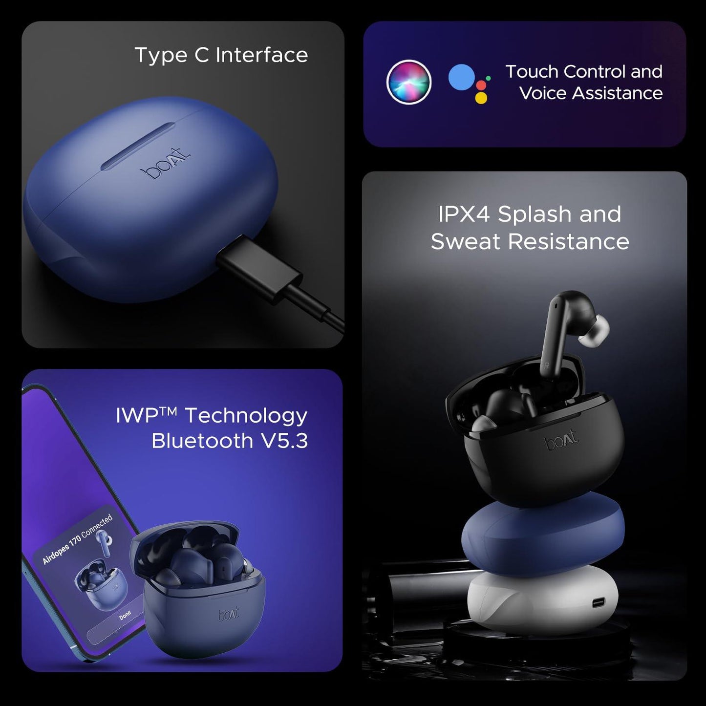 boAt Airdopes 170 TWS Earbuds with 50H Playtime, Quad Mics ENx™ Tech, Low Latency Mode, 13mm Drivers, ASAP™ Charge, IPX4, IWP™, Touch Controls & BT v5.3(Tranquil Blue) - Nalanda Enterprises