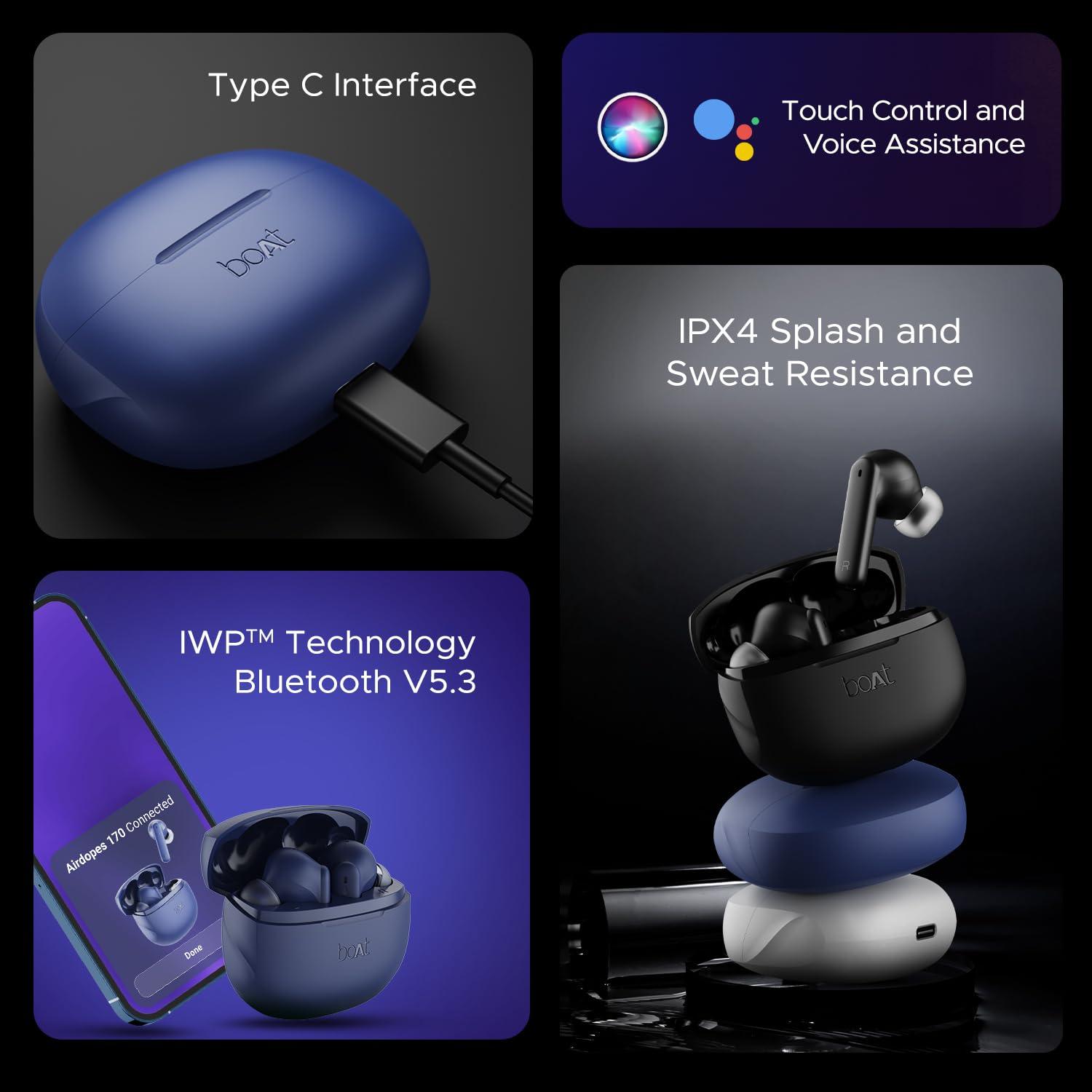 boAt Airdopes 170 TWS Earbuds with 50H Playtime, Quad Mics ENx™ Tech, Low Latency Mode, 13mm Drivers, ASAP™ Charge, IPX4, IWP™, Touch Controls & BT v5.3(Tranquil Blue) - Nalanda Enterprises