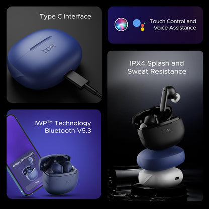 boAt Airdopes 170 TWS Earbuds with 50H Playtime, Quad Mics ENx™ Tech, Low Latency Mode, 13mm Drivers, ASAP™ Charge, IPX4, IWP™, Touch Controls & BT v5.3(Tranquil Blue) - Nalanda Enterprises