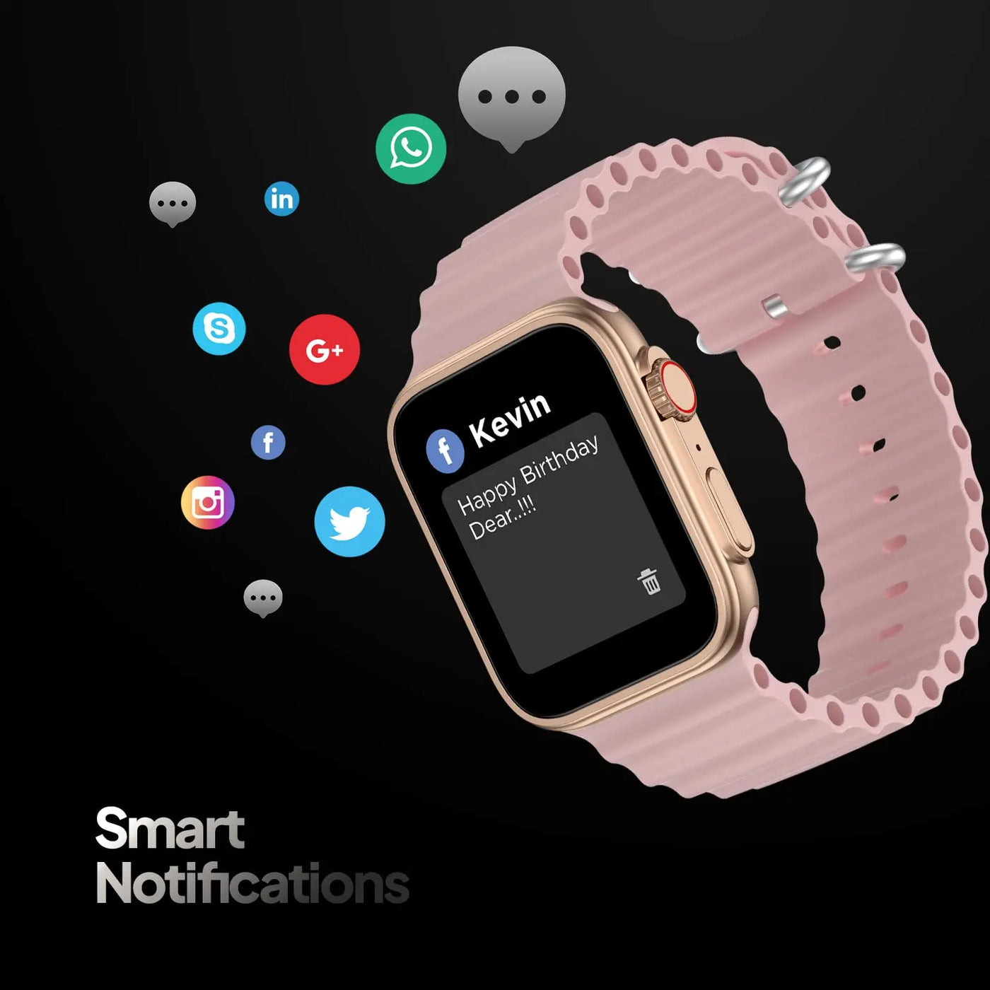 Pink smart watch with smart notifications from social media apps on black background, Nalanda Enterprises
