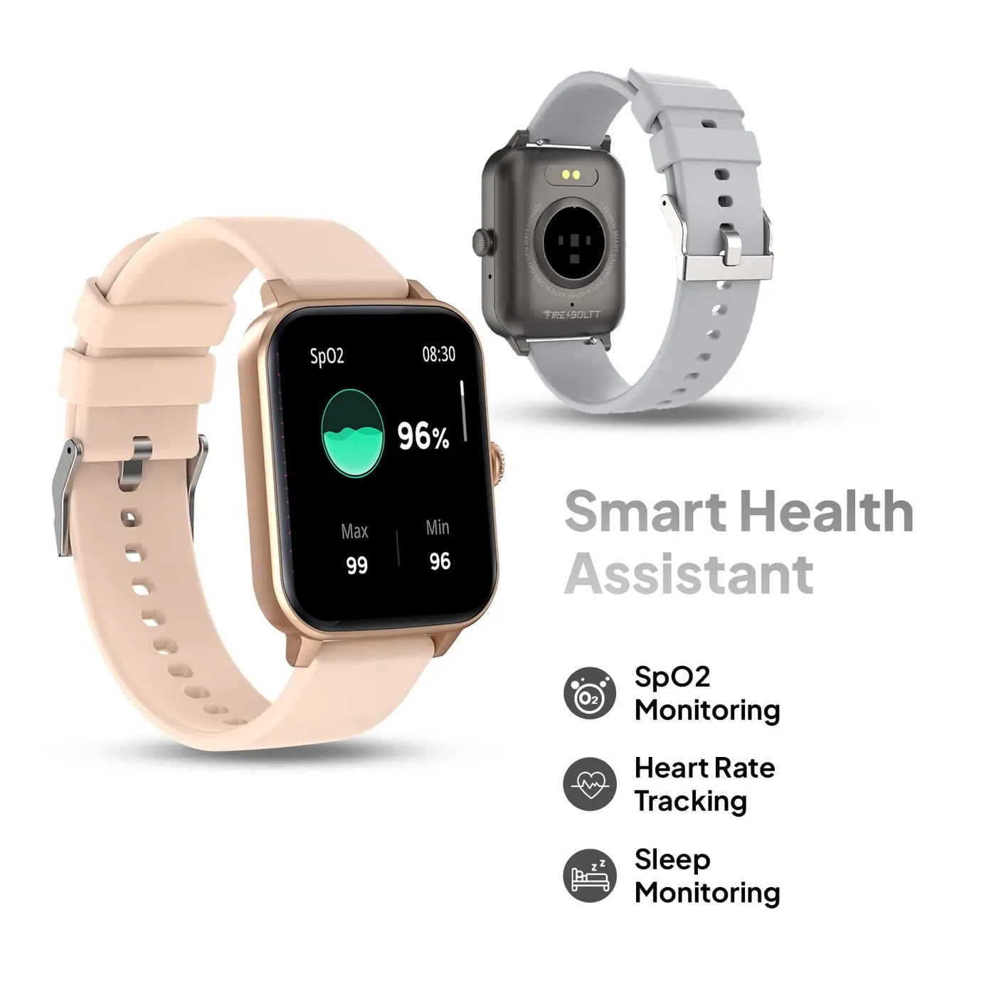 Fireboltt smart watch with SpO2 monitoring, heart rate tracking and sleep monitoring, showcased front and back with beige and grey straps, distributed by Nalanda Enterprises.