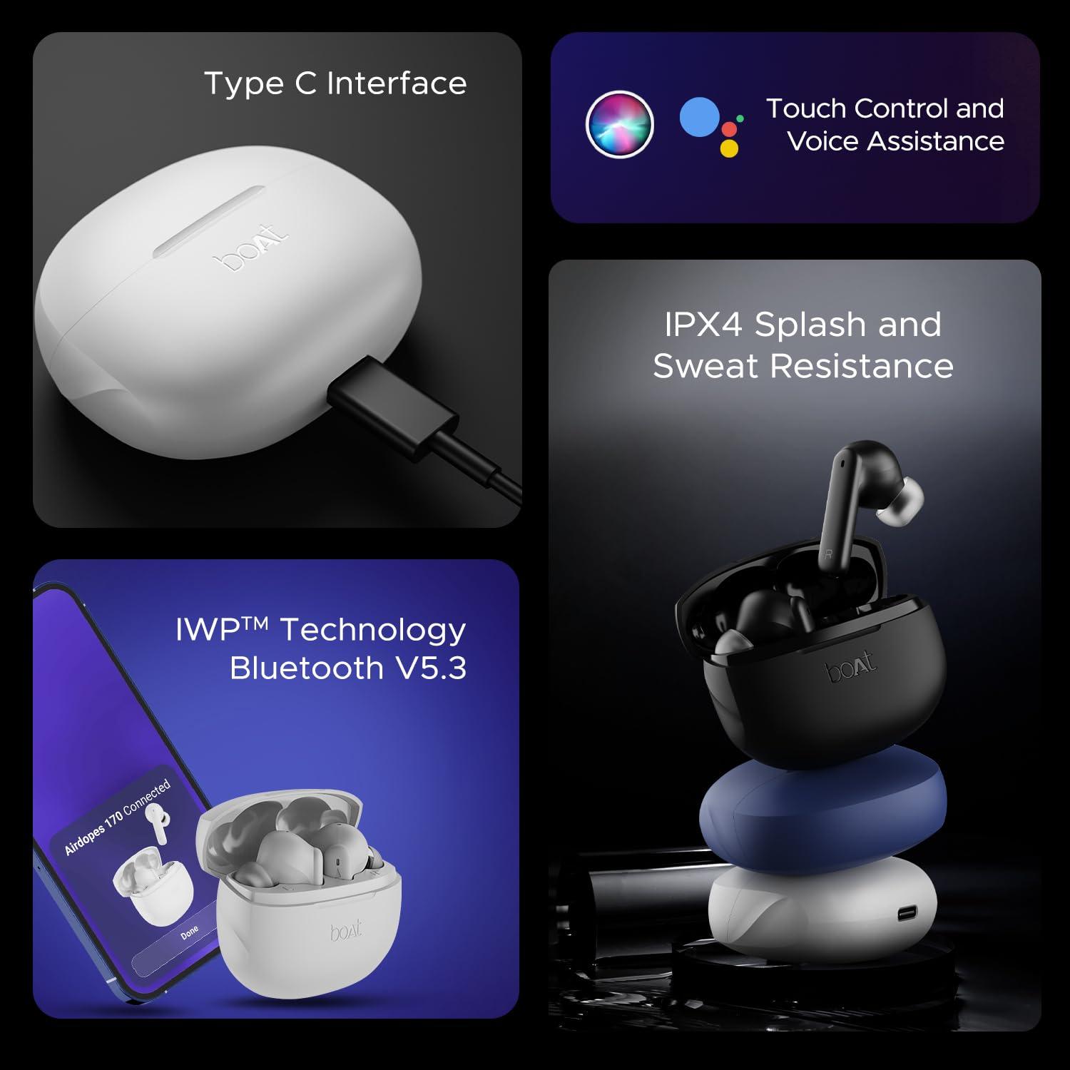 boAt Airdopes 170 TWS Earbuds with 50H Playtime, Quad Mics ENx™ Tech, Low Latency Mode, 13mm Drivers, ASAP™ Charge, IPX4, IWP™, Touch Controls & BT v5.3(Tranquil Blue) - Nalanda Enterprises