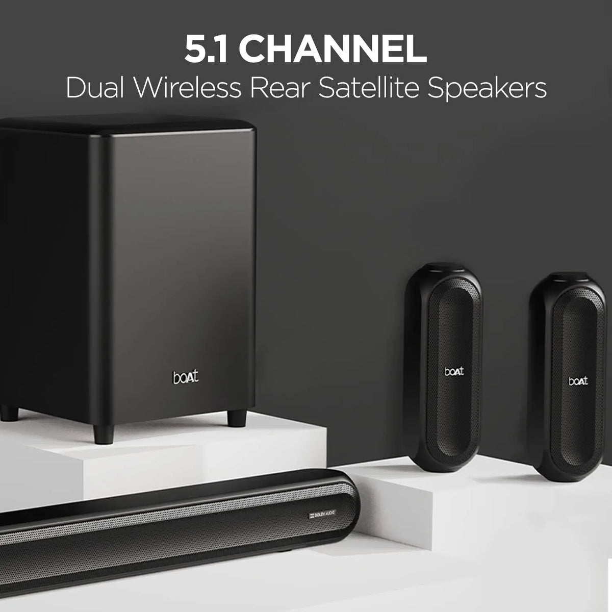 boAt Aavante Bar 3200D Soundbar with Dolby Audio,350W RMS Signature Sound,5.1 Channel,3D Surround Sound,Dual Wireless Rear Speakers&Master Remote(Premium Black)(Premium Black) - Nalanda Enterprises