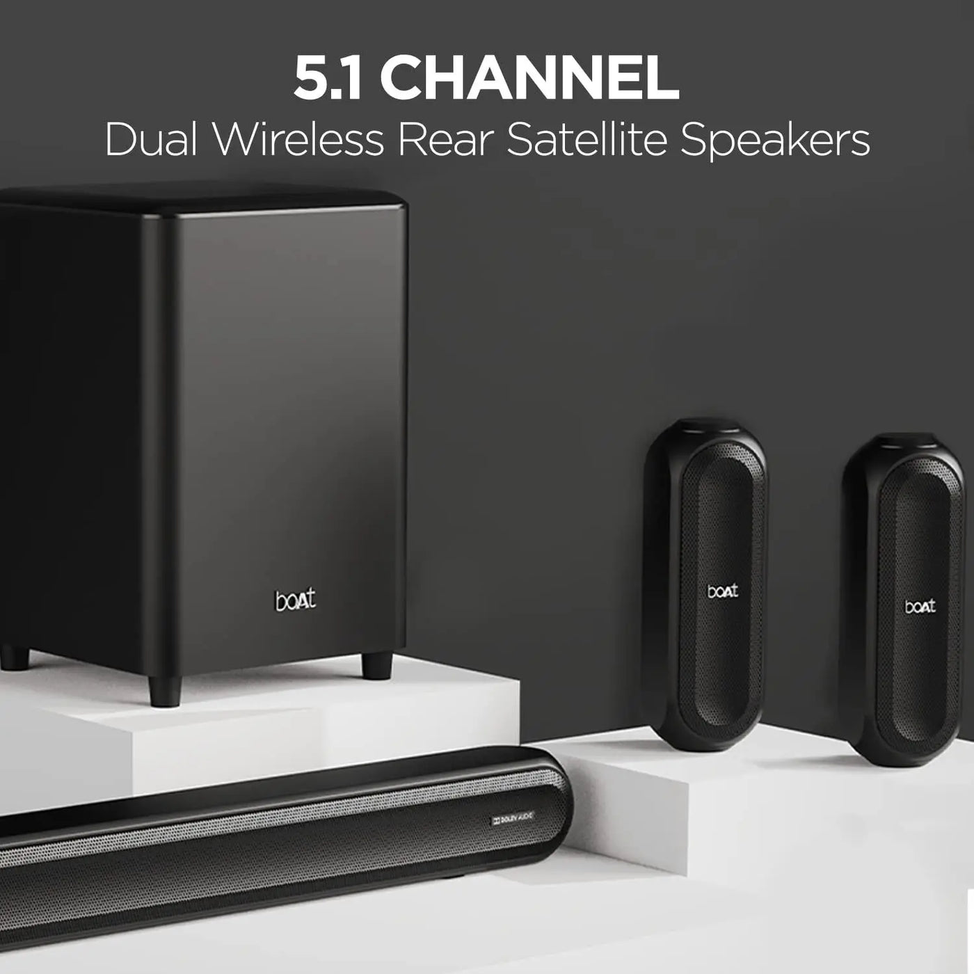 boAt Aavante Bar 3200D Soundbar with Dolby Audio,350W RMS Signature Sound,5.1 Channel,3D Surround Sound,Dual Wireless Rear Speakers&Master Remote(Premium Black)(Premium Black) - Nalanda Enterprises
