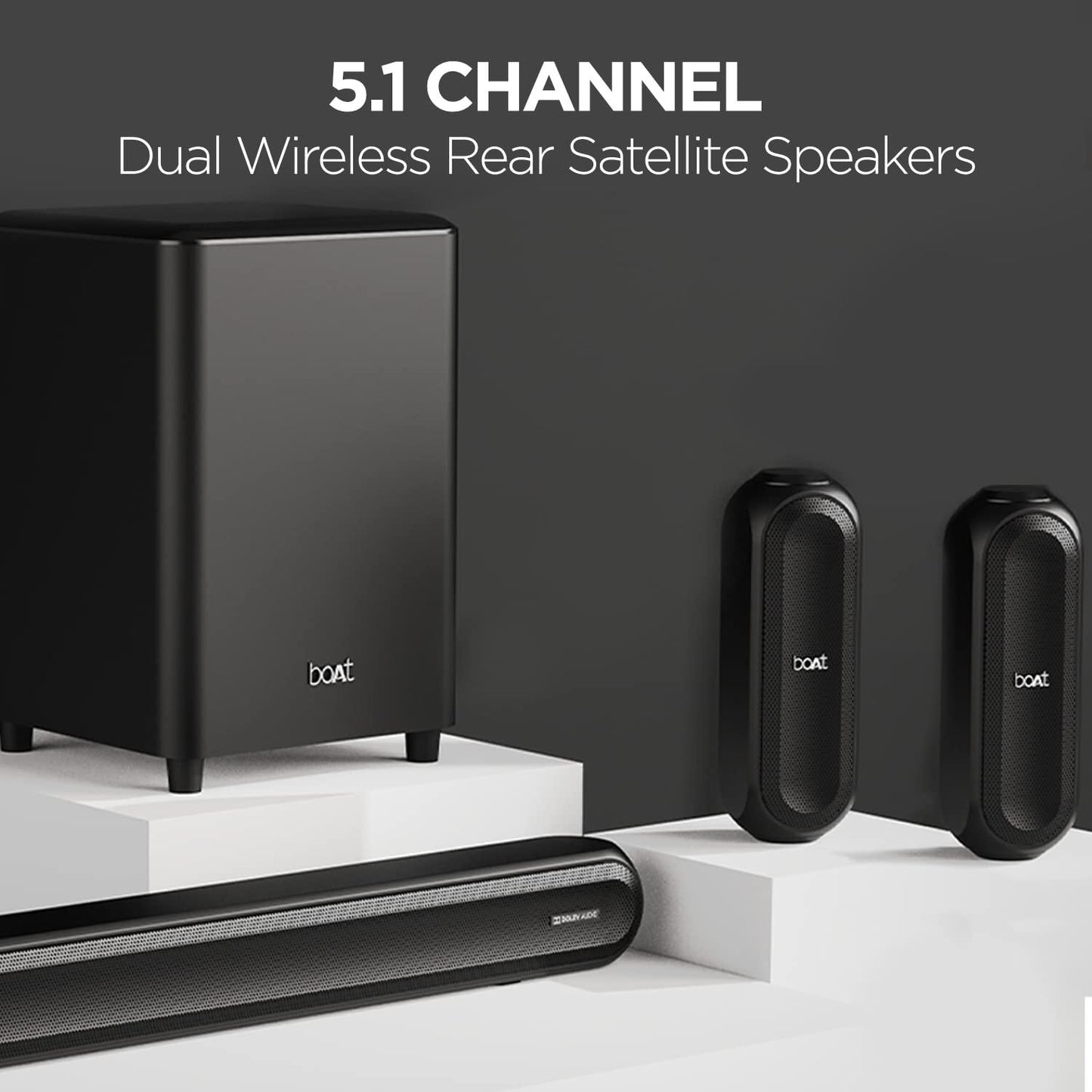boAt Aavante Bar 3200D Soundbar with Dolby Audio,350W RMS Signature Sound,5.1 Channel,3D Surround Sound,Dual Wireless Rear Speakers&Master Remote(Premium Black)(Premium Black) - Nalanda Enterprises