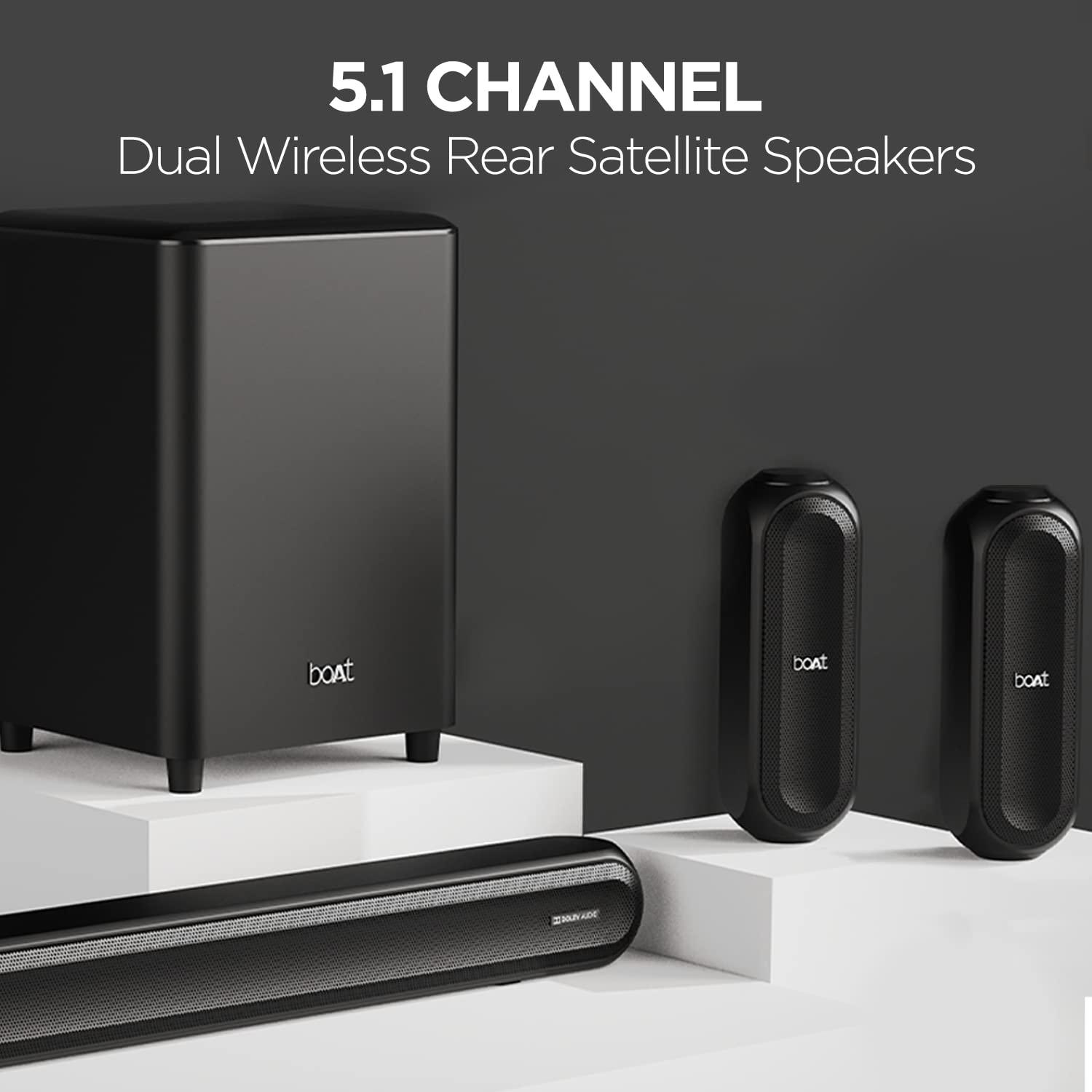 boAt Aavante Bar 3200D Soundbar with Dolby Audio,350W RMS Signature Sound,5.1 Channel,3D Surround Sound,Dual Wireless Rear Speakers&Master Remote(Premium Black)(Premium Black) - Nalanda Enterprises