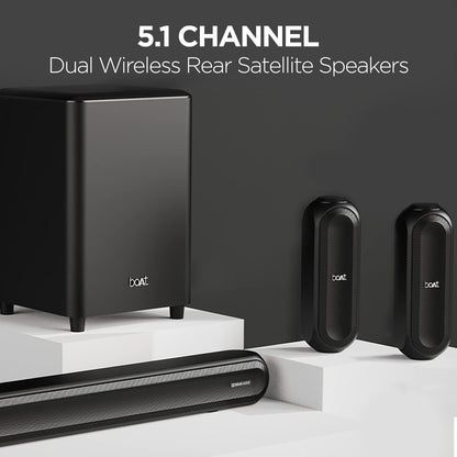 boAt Aavante Bar 3200D Soundbar with Dolby Audio,350W RMS Signature Sound,5.1 Channel,3D Surround Sound,Dual Wireless Rear Speakers&Master Remote(Premium Black)(Premium Black) - Nalanda Enterprises