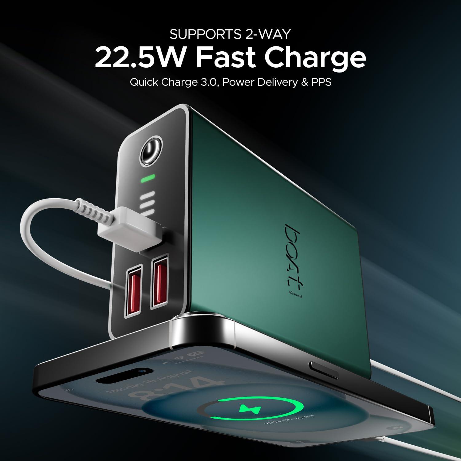 boAt Newly Launched Pocket Energyshroom PB400 Pro 20000mAh | Compact Power Bank w/Type-C Input (2-Way Port), 3X Output Ports,2-Way 22.5W Fast Charging, Pass-Through Charging(Carbon Black) - Nalanda Enterprises