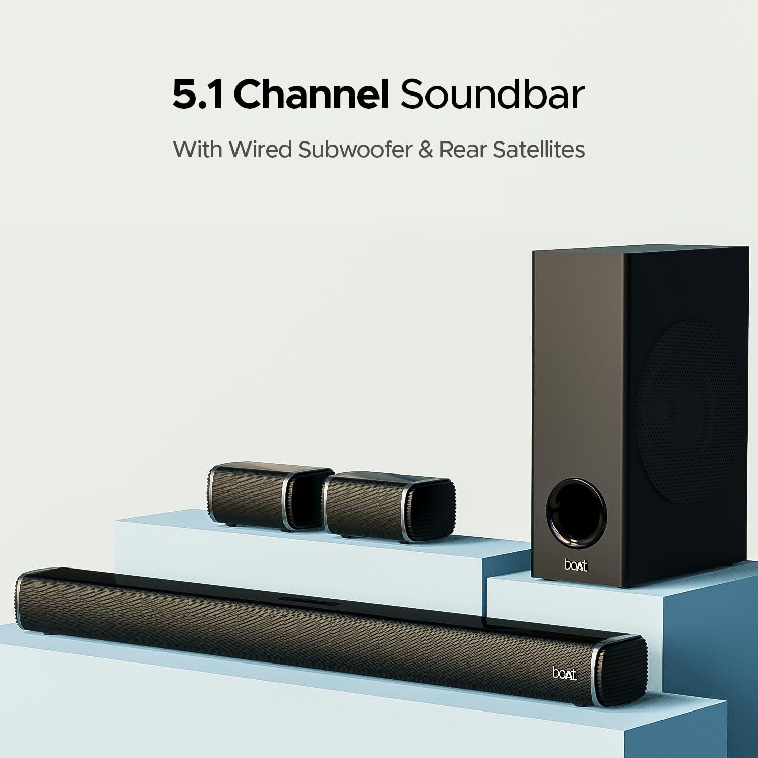boAt Aavante Bar 1500 2.1 Channel Home Theatre Soundbar with 120W Signature Sound, Wired Subwoofer, Multiple Connectivity Modes, Entertainment EQ Modes and Sleek Finish (Black) - Nalanda Enterprises