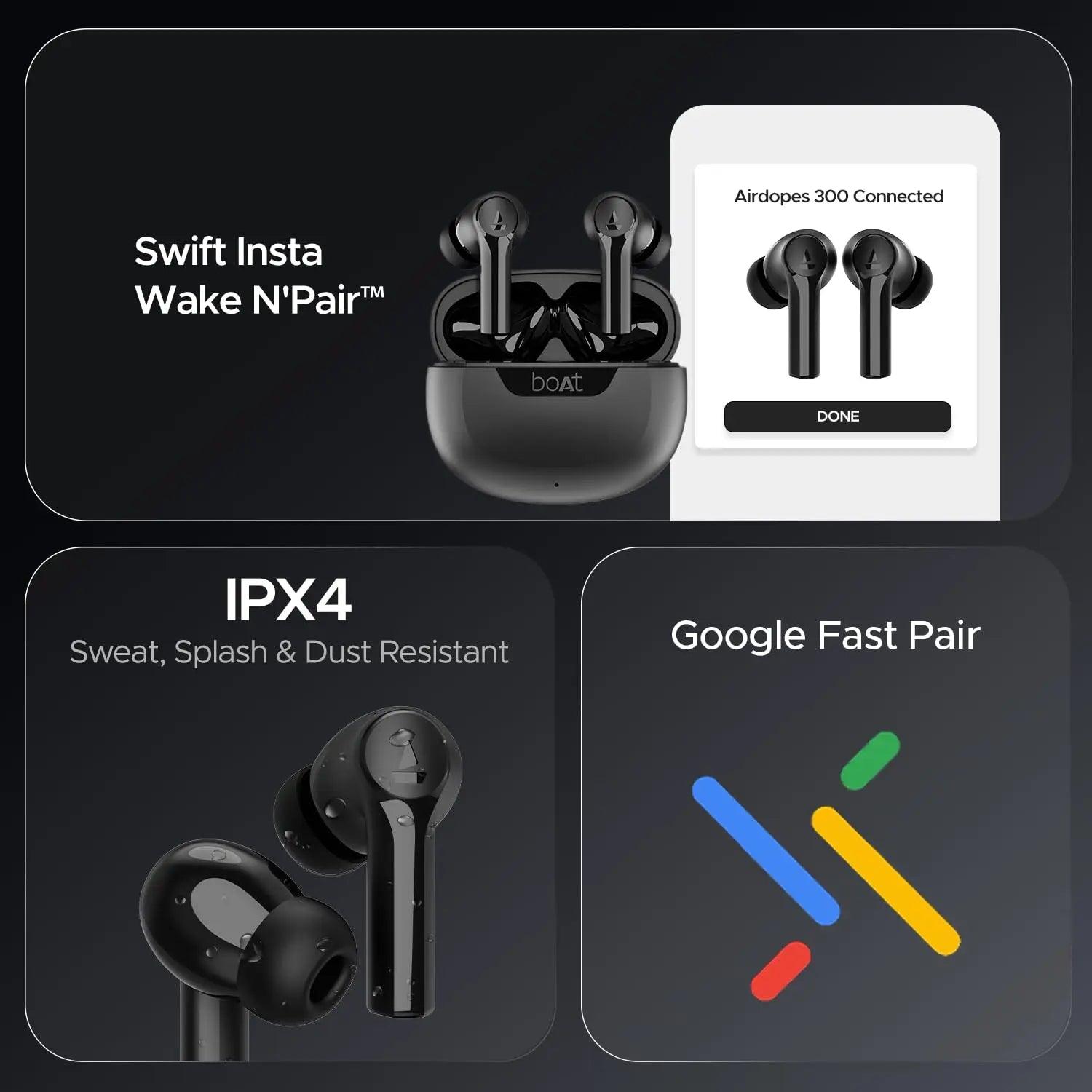 boAt Airdopes 300, Cinematic Spatial Audio, 50HRS Battery, 4Mic AI ENx, Fast Charge, App Support, Low Latency, IPX4, v5.3 Bluetooth Earbuds, TWS Ear Buds Wireless Earphones with mic - Nalanda Enterprises