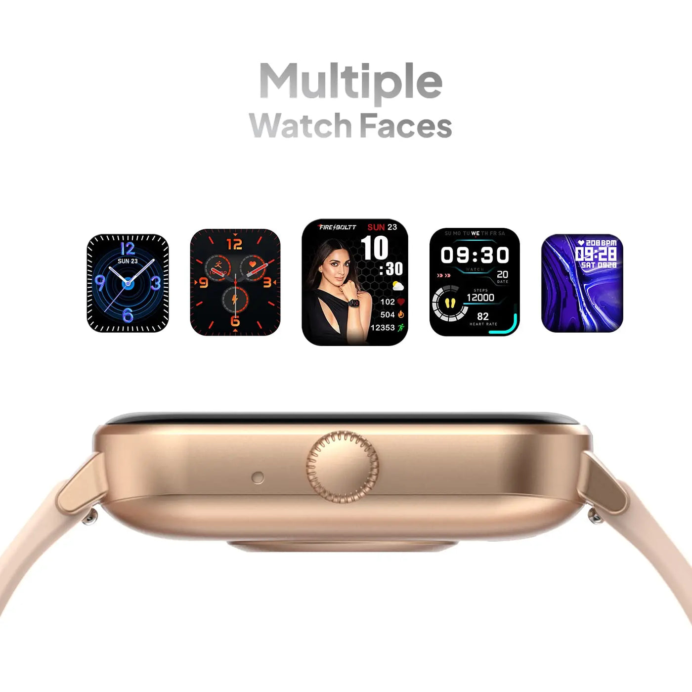 Smartwatch with gold case showing multiple digital watch faces, Nalanda Enterprises India
