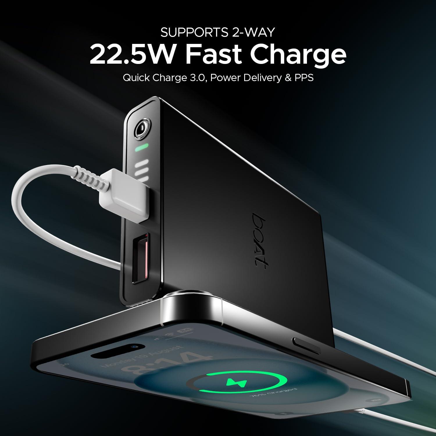 boAt EnergyShroom PB300 Air 10000 mAh 22.5W Pocket Size Power Bank with Compact and Lightweight Design, LED Battery Display, 12 Layer Smart IC Protection & Smart Power Management(Carbon Black) - Nalanda Enterprises