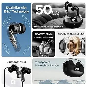 boAt Airdopes 311 Pro, 50HRS Battery, Fast Charge, Dual Mics ENx Tech, Transparent LID, Low Latency, IPX4, IWP Tech, v5.3 Bluetooth Earbuds, TWS Ear Buds Wireless Earphones with mic - Nalanda Enterprises