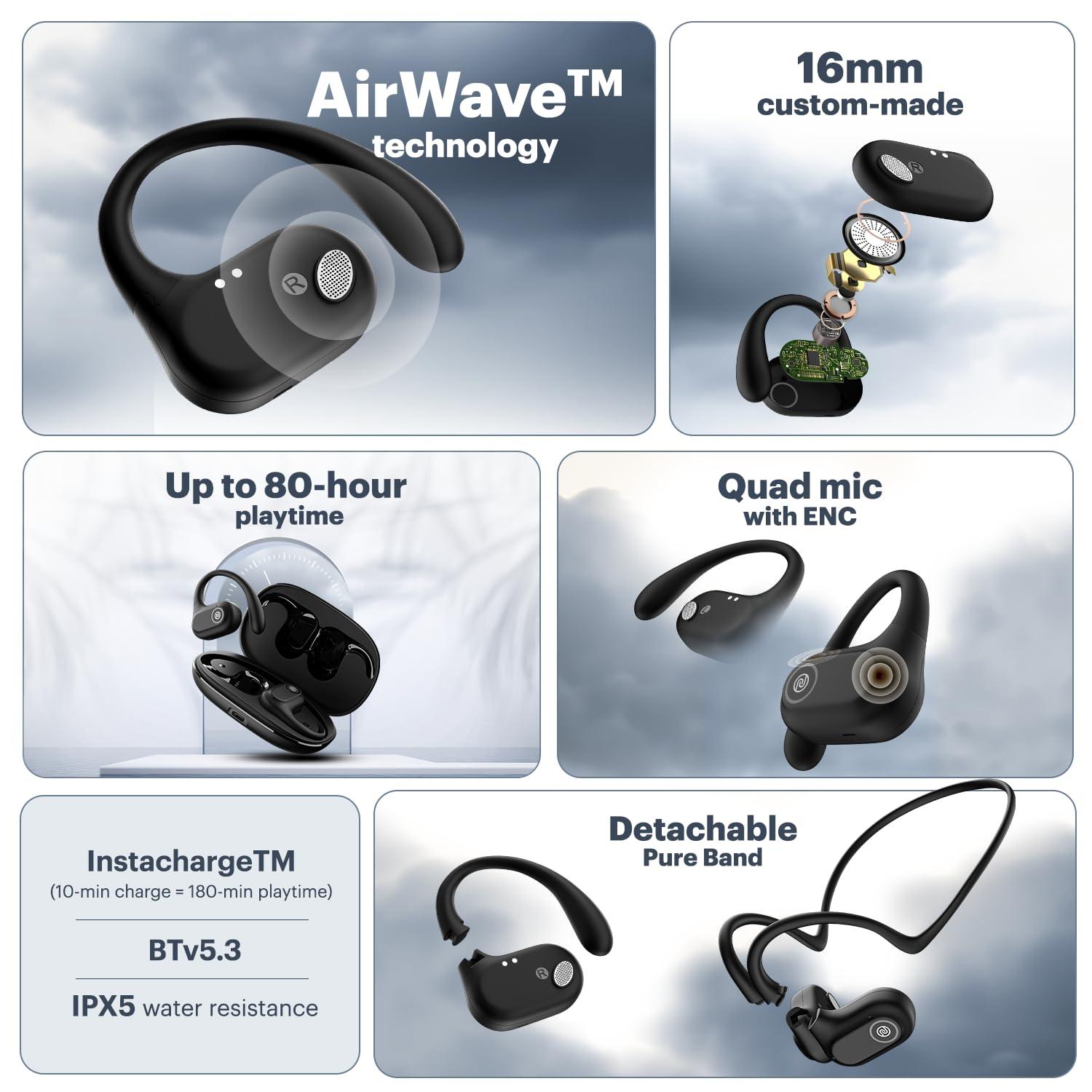 Noise Pure Pods Wireless Open Ear Earbuds with AirWave™ Technology,Up-to 80H Playtime,Quad Mic with ENC,16mm Neodymium Dynamic Driver,Detachable Pure Band,BTv5.3 (Power Black) - Nalanda Enterprises