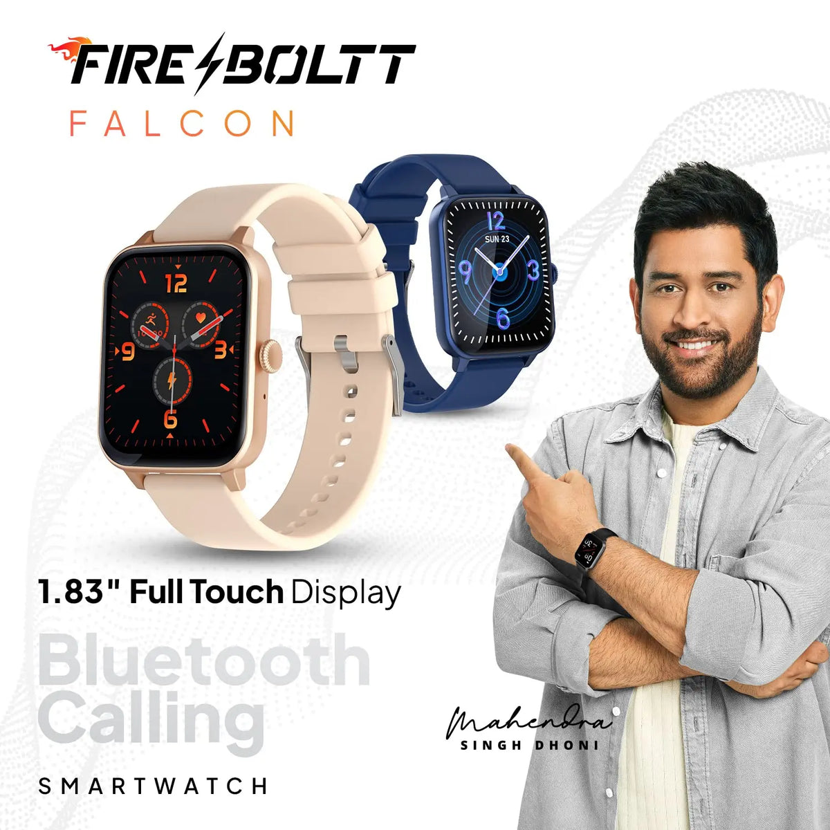 Fire-Boltt Falcon smartwatches with 1.83 inch full touch display, Bluetooth calling, promoted by a smiling male model, Nalanda Enterprises corporate gifting.