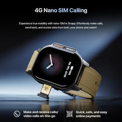 Fire-Boltt Snapp Smart Watch, Selfie Camera, 4G Nano-SIM Slot, 54.1mm AMOLED Display, Play Store- Unlimited apps, 1000mAh Battery, 2GB/4GB RAM + 16GB/64GB ROM (Archaic Black)