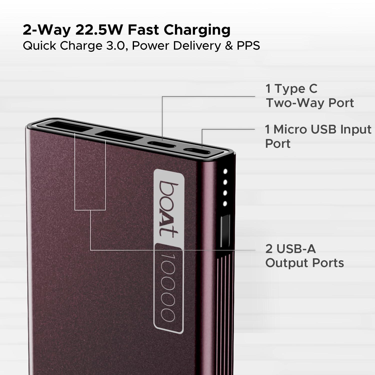 boAt EnergyShroom PB300 Air 10000 mAh 22.5W Pocket Size Power Bank with Compact and Lightweight Design, LED Battery Display, 12 Layer Smart IC Protection & Smart Power Management(Carbon Black) - Nalanda Enterprises