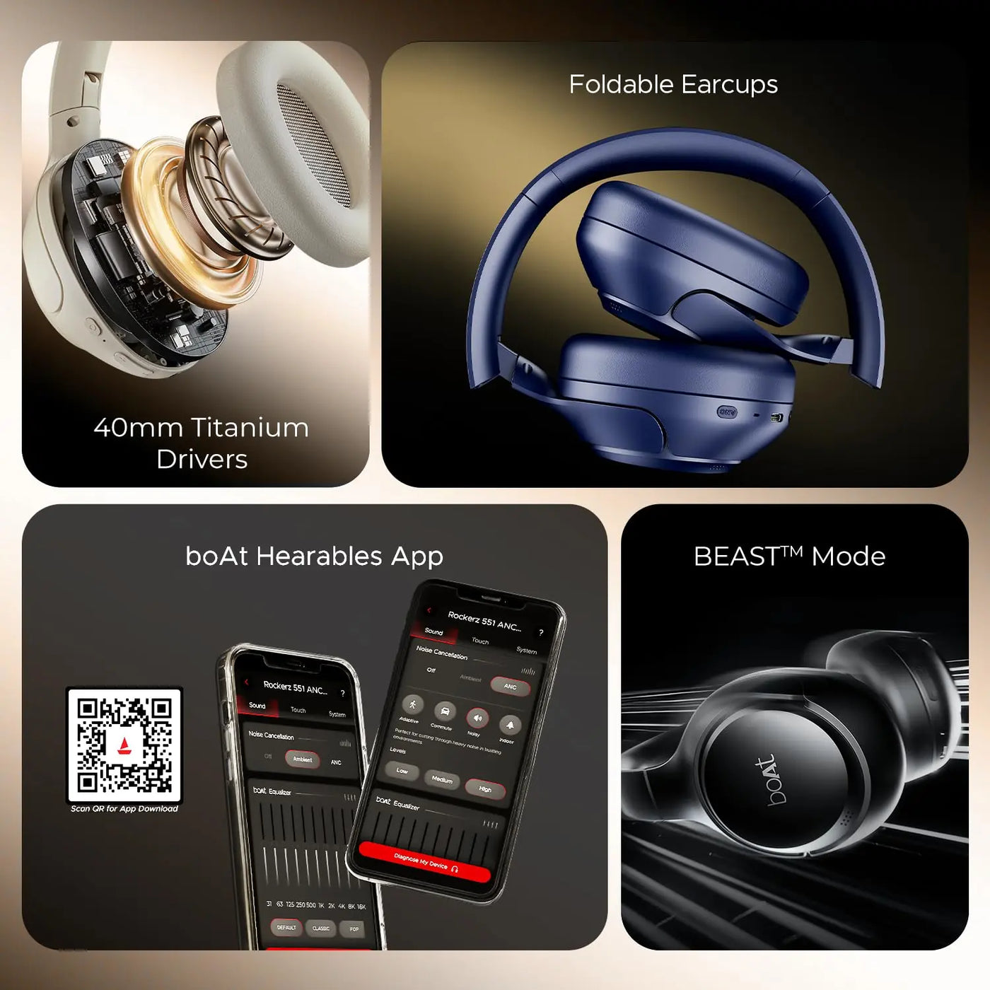 boAt Bluetooth headphones showing 40mm titanium drivers, foldable earcups, BEAST mode, and boAt Hearables App; sold by Nalanda Enterprises for corporate gifting and wholesale.