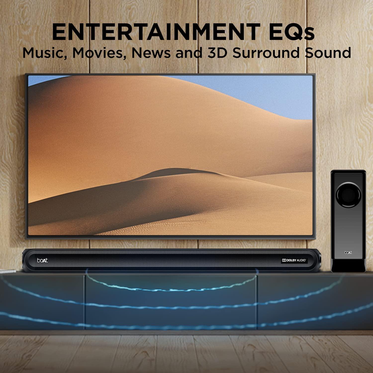boAt Aavante Bar 1500 2.1 Channel Home Theatre Soundbar with 120W Signature Sound, Wired Subwoofer, Multiple Connectivity Modes, Entertainment EQ Modes and Sleek Finish (Black) - Nalanda Enterprises