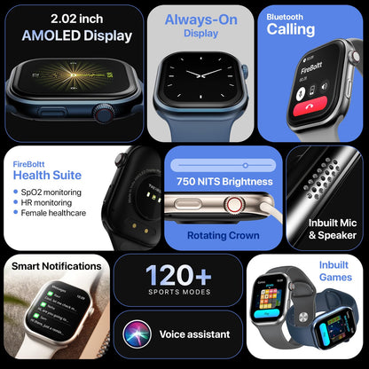 Fire-Boltt Brillia Pro Smart Watch with 51.3mm (2.02 inch) AMOLED Display, Bluetooth Calling, SpO2, Heart Rate Monitoring, 120+ Sports Modes, IP67 Waterproof, Long Battery Life (Black Wave)