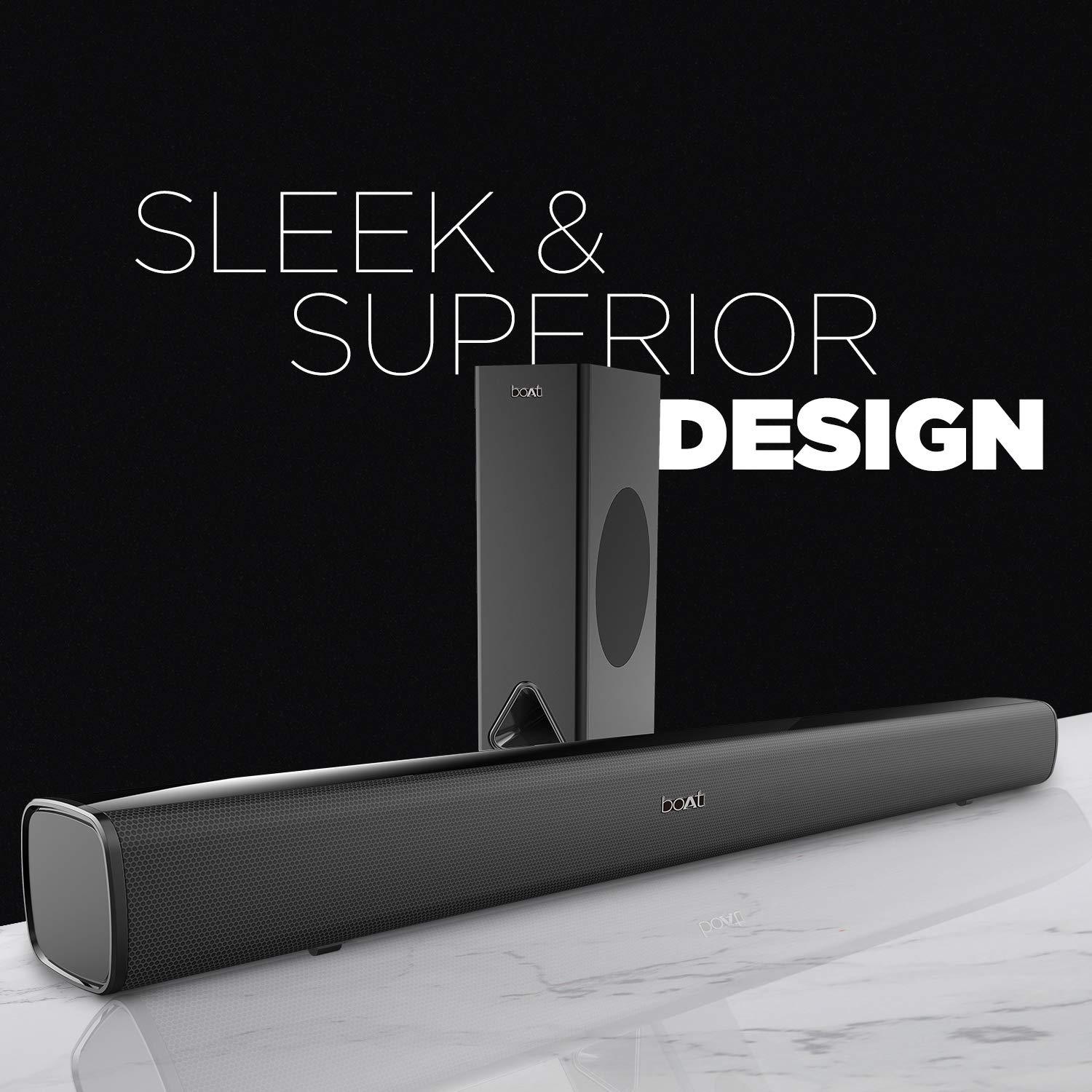 boAt Aavante Bar 1500 2.1 Channel Home Theatre Soundbar with 120W Signature Sound, Wired Subwoofer, Multiple Connectivity Modes, Entertainment EQ Modes and Sleek Finish (Black) - Nalanda Enterprises