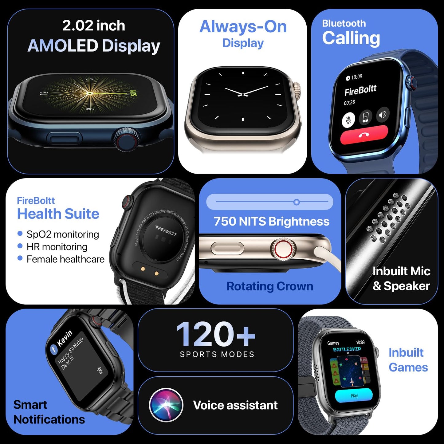 Fire-Boltt Brillia Smart Watch with 51.3mm (2.02 inch) AMOLED Display, Bluetooth Calling, SpO2, Heart Rate Monitoring, 120+ Sports Modes (Brillia, Black)